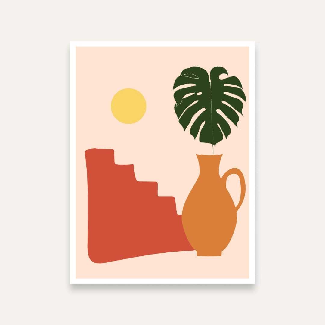 Boho Abstract Painting for Living Room – Monstera Leaf & Terracotta Stairs | Giclée Art Print 4 X 5.5 Vertical Premium Wall Art Canvas by MeriDeewar