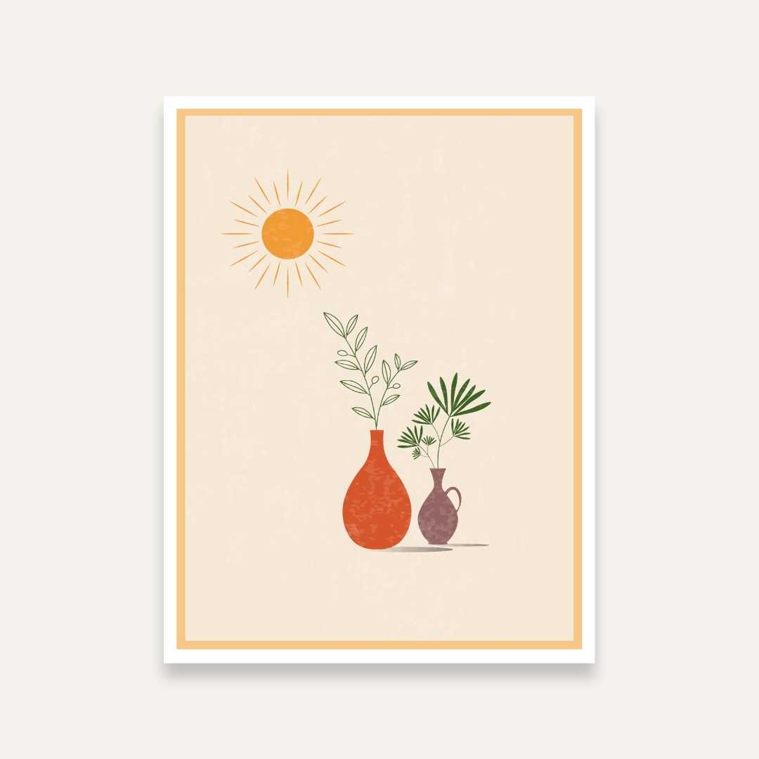 Boho Botanical Painting for Living Room | Sun & Vase Minimalist Wall Art | Giclée Print 4 X 5.5 Vertical Premium Wall Art Canvas by MeriDeewar