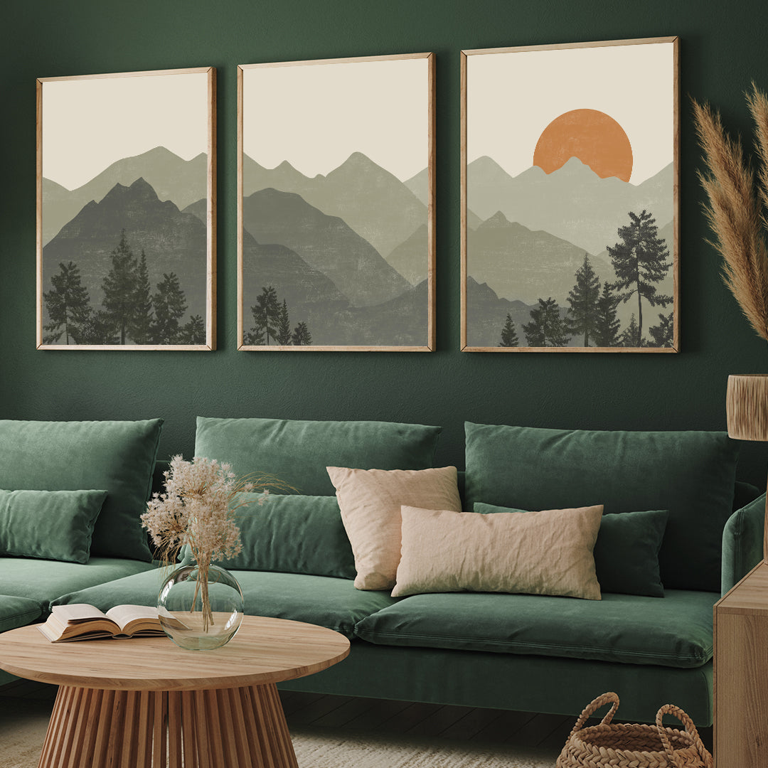 Boho Green Mountain Set of 3 Walls Premium Wall Art Canvas by MeriDeewar