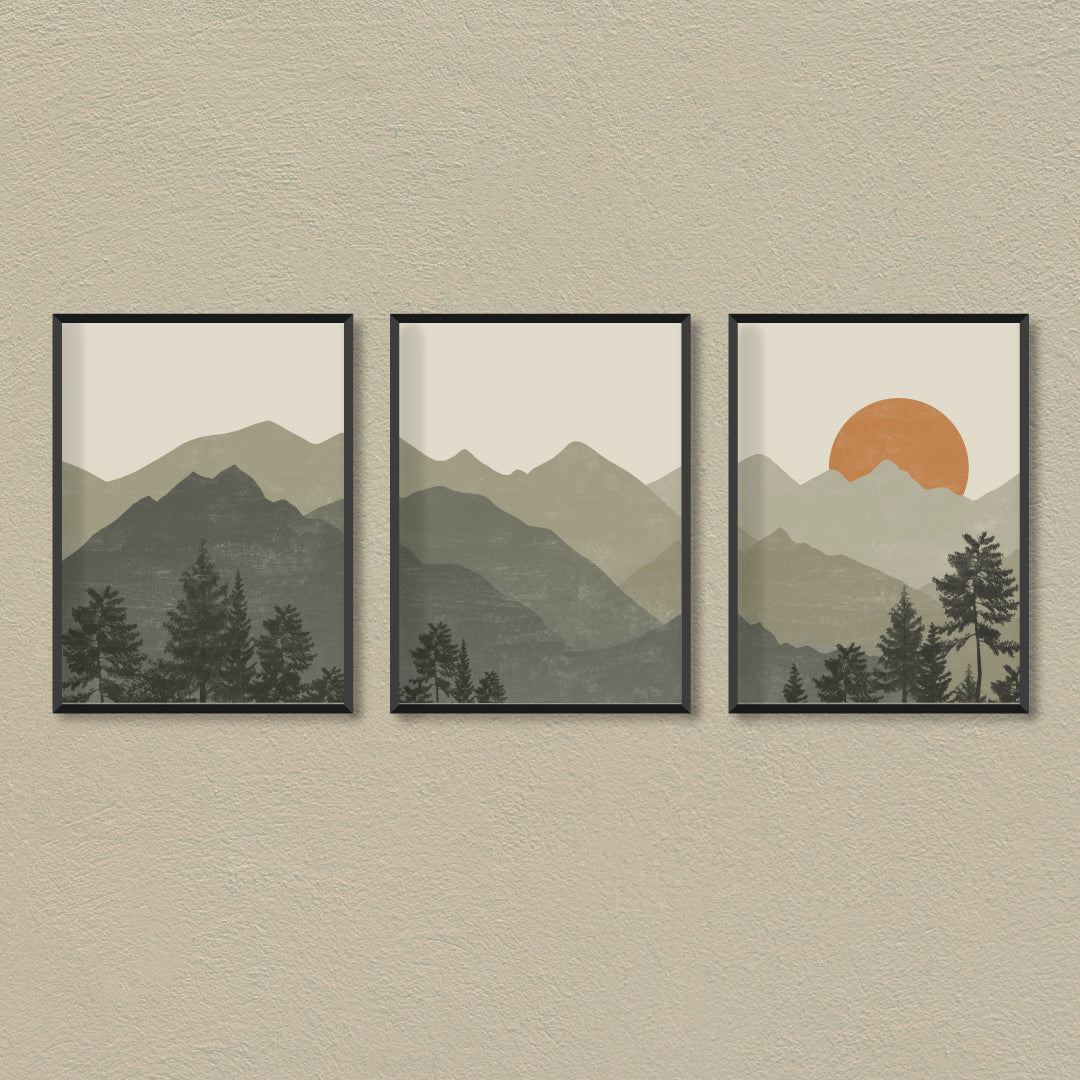 Boho Green Mountain Set of 3 Walls Premium Wall Art Canvas by MeriDeewar