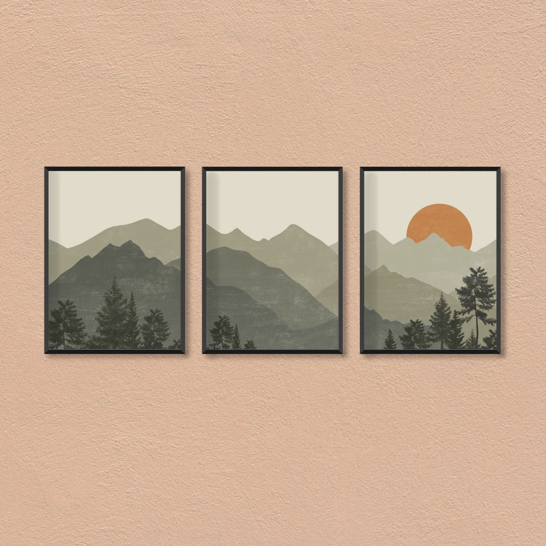Boho Green Mountain Set of 3 Walls Premium Wall Art Canvas by MeriDeewar