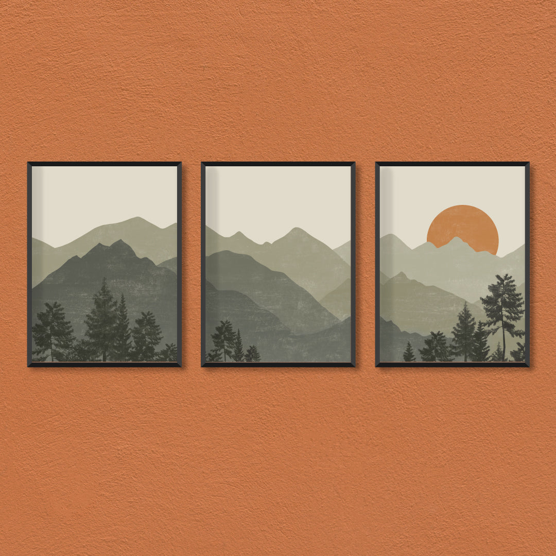Boho Green Mountain Set of 3 Walls Premium Wall Art Canvas by MeriDeewar