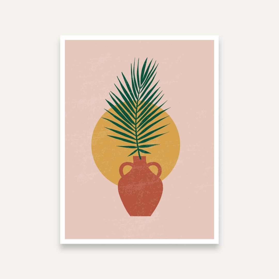 Boho Palm Leaf Vase Painting for Bedroom & Living Room | Earthy Terracotta Wall Art 4 :5 Vertical Premium Wall Art Canvas by MeriDeewar