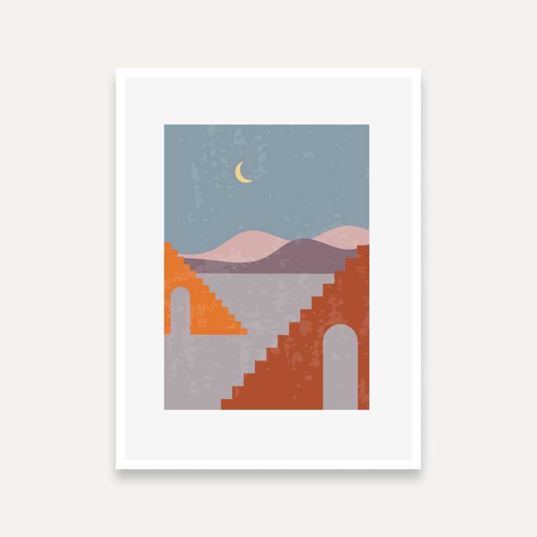 Boho Terracotta Wall Painting for Living Room | Abstract Stairway Moonlit Art Print 4 X 5.5 Vertical Premium Wall Art Canvas by MeriDeewar