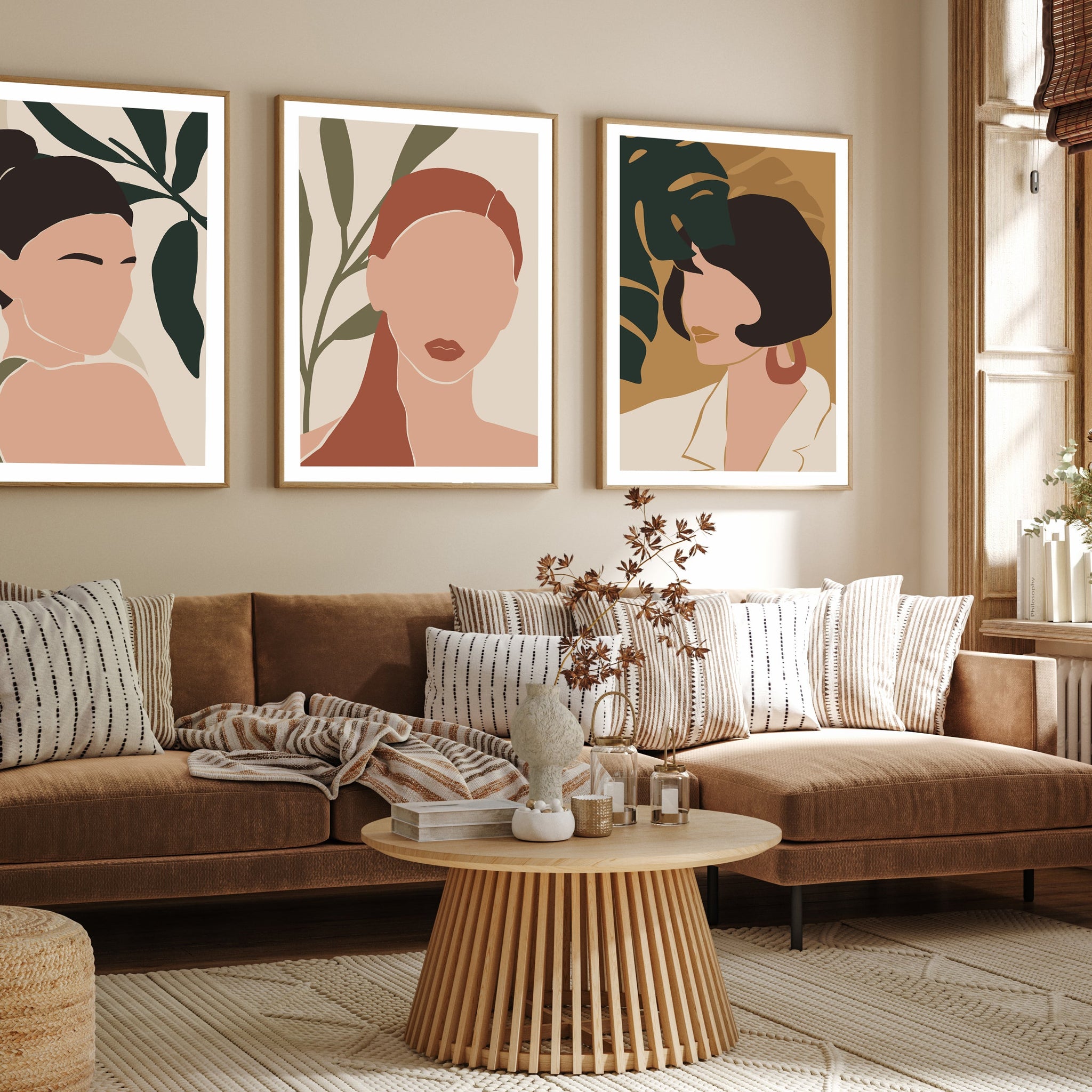 Boho Wall Decor Leaf and Women Boho Set Of 3 Walls Premium Wall Art Canvas by MeriDeewar