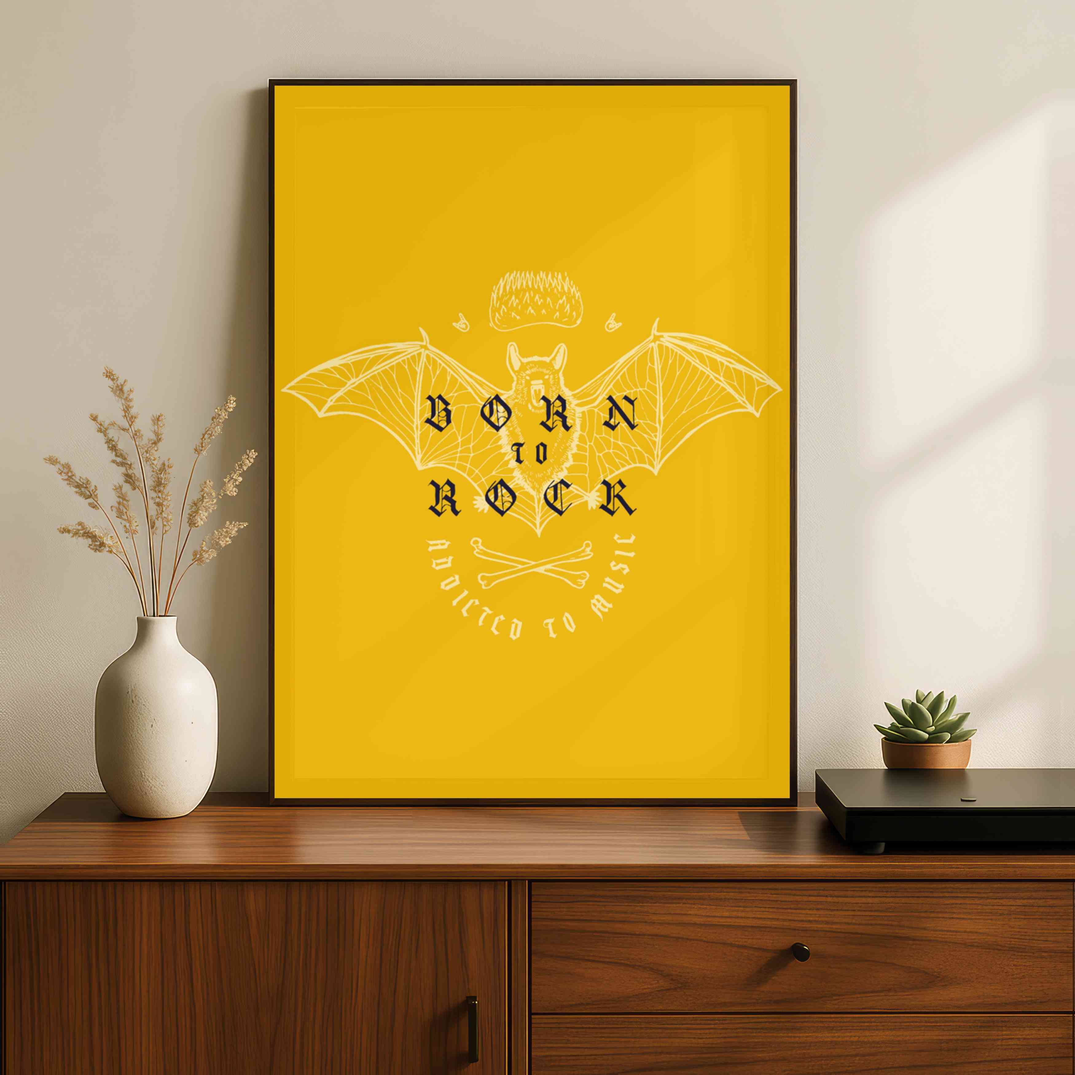 "Born To Rock" Bat Graphic Poster | Vertical Borderless Art Frame Poster Premium Wall Art Canvas by MeriDeewar