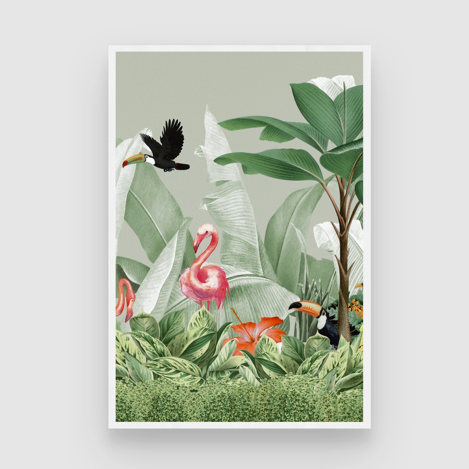 Botanical Bliss – Flamingo Jungle Canvas Art Print 2 : 3 Vertical Premium Wall Art Canvas by MeriDeewar