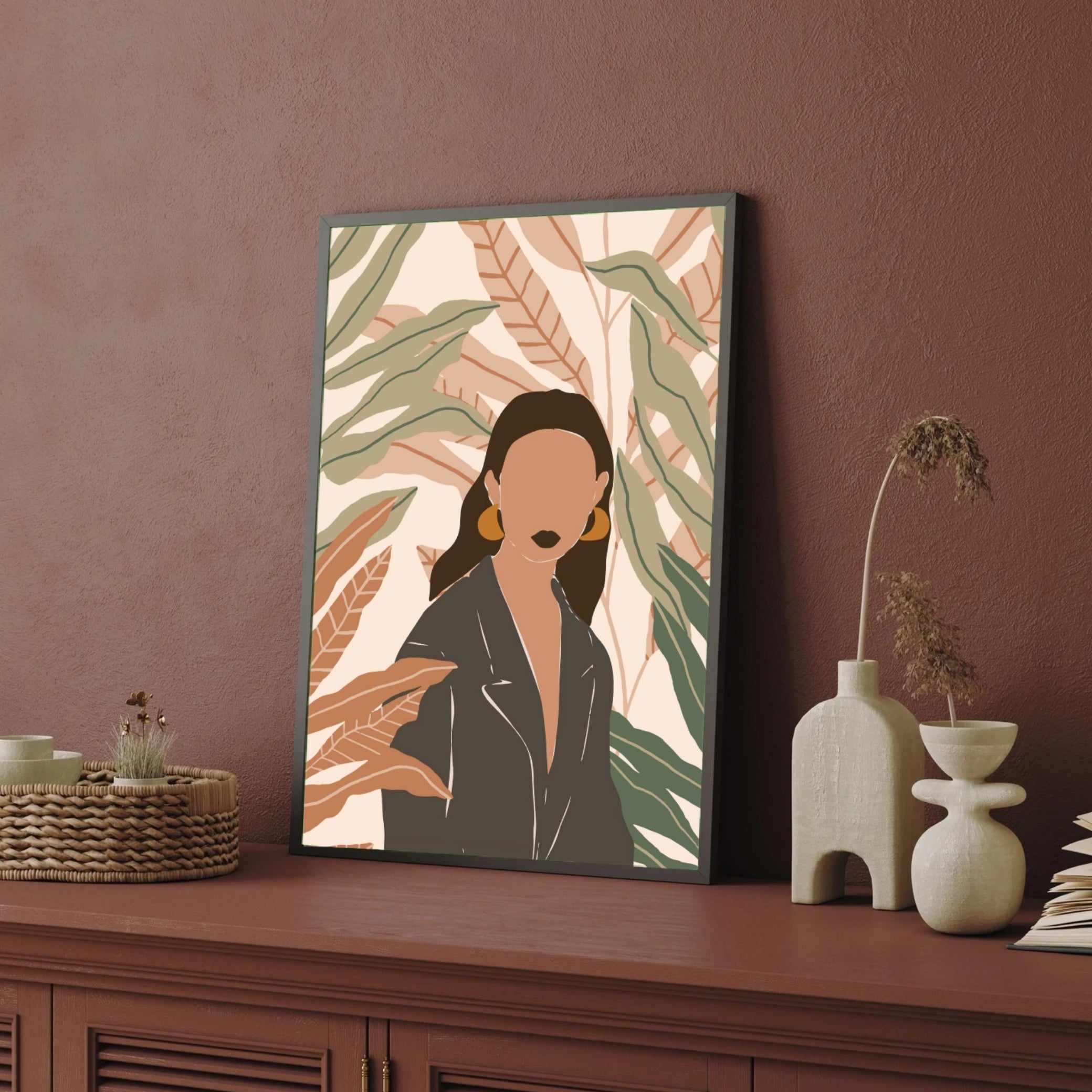 Botanical Rebel – Modern Woman in Leather Jacket Wall Art Print 2 : 3 Vertical Premium Wall Art Canvas by MeriDeewar