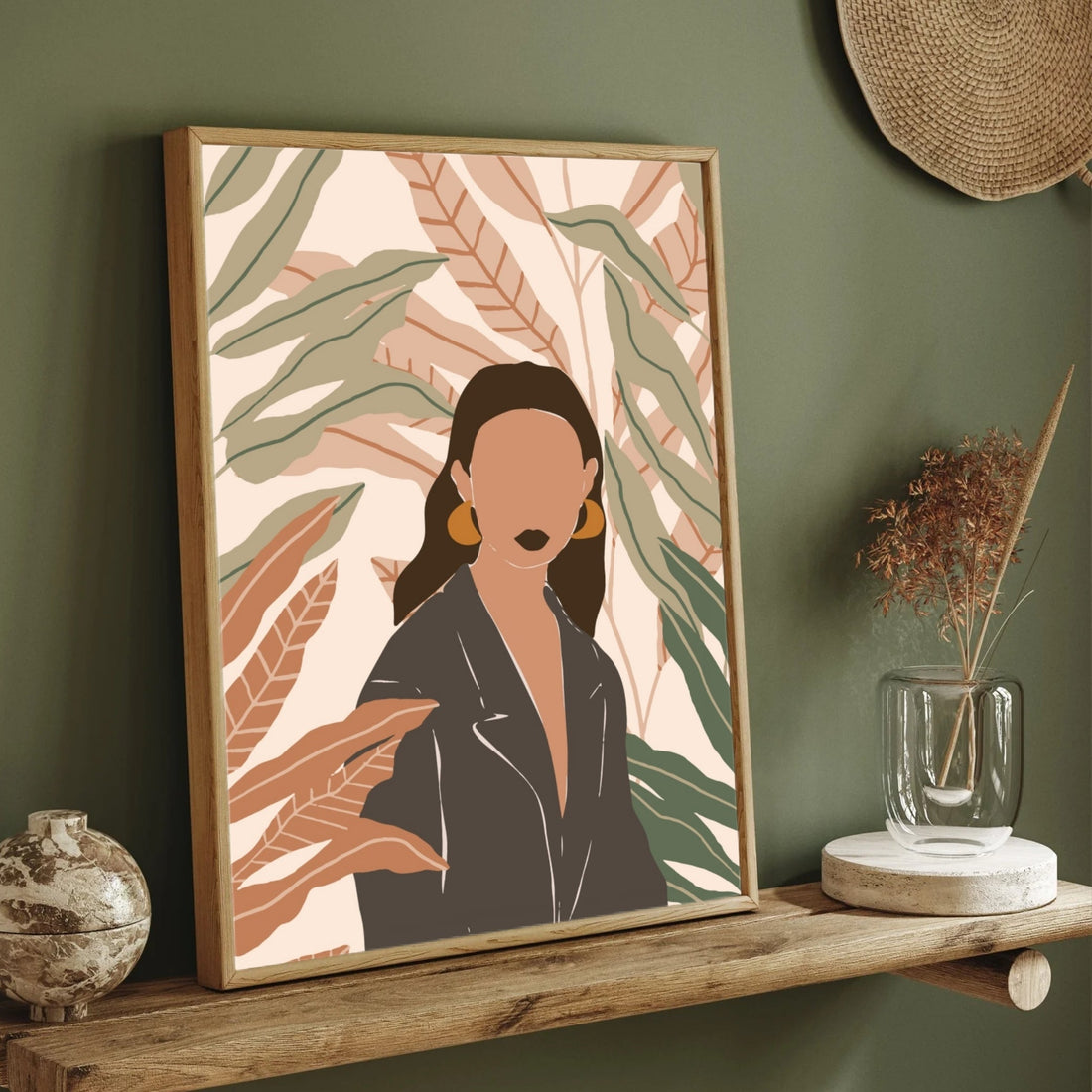 Botanical Rebel – Modern Woman in Leather Jacket Wall Art Print 2 : 3 Vertical Premium Wall Art Canvas by MeriDeewar