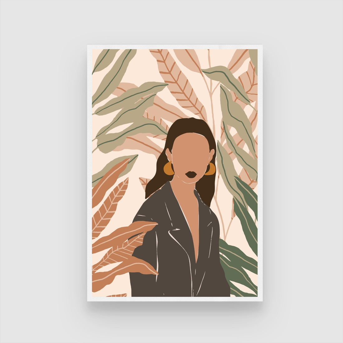 Botanical Rebel – Modern Woman in Leather Jacket Wall Art Print 2 : 3 Vertical Premium Wall Art Canvas by MeriDeewar