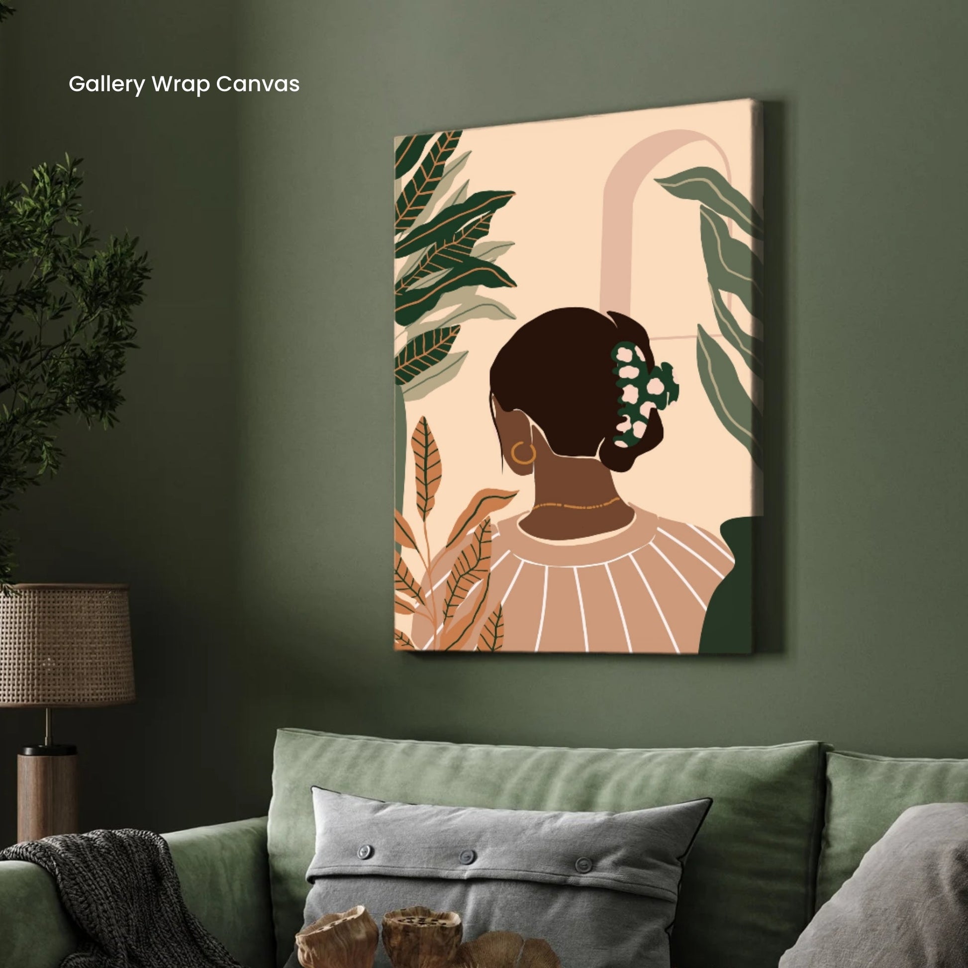 Botanical Serenity – Minimalist Woman with Leaves Wall Art Print 2 : 3 Vertical Premium Wall Art Canvas by MeriDeewar