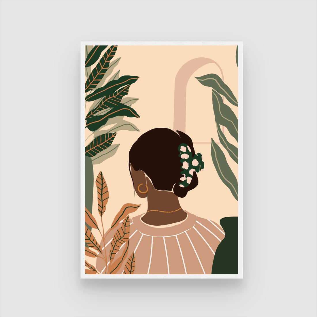 Botanical Serenity – Minimalist Woman with Leaves Wall Art Print 2 : 3 Vertical Premium Wall Art Canvas by MeriDeewar