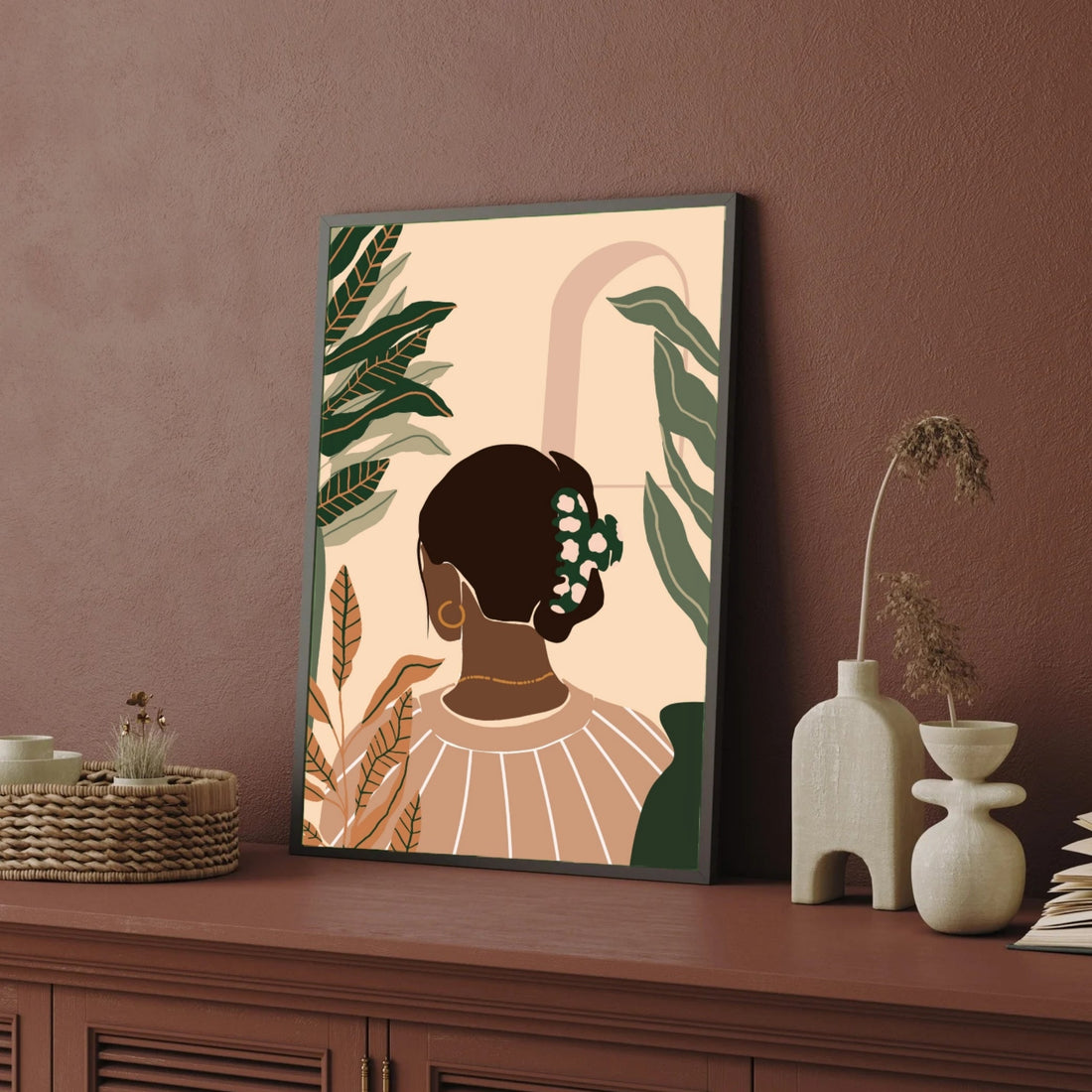 Botanical Serenity – Minimalist Woman with Leaves Wall Art Print 2 : 3 Vertical Premium Wall Art Canvas by MeriDeewar