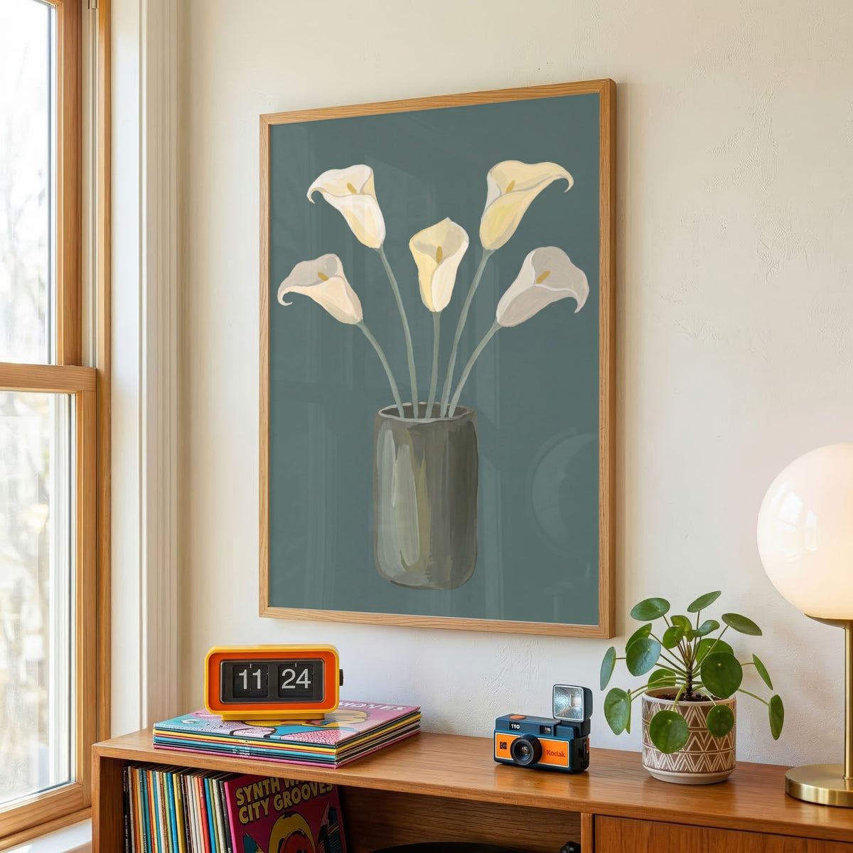 Calla in Teal | Modern Minimalist Calla Lily Still Life Wall Art 3 : 4 Vertical Premium Wall Art Canvas by MeriDeewar