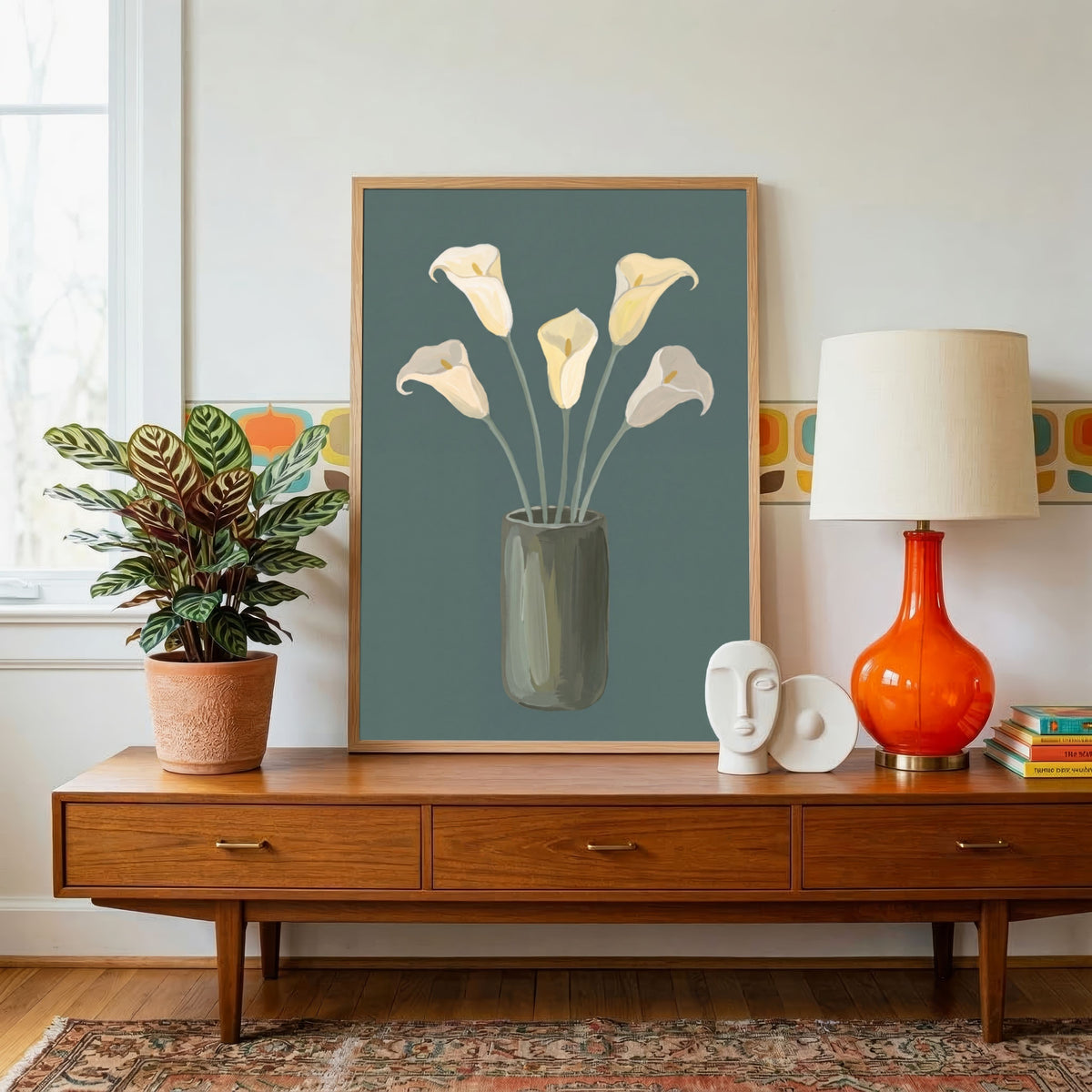 Calla in Teal | Modern Minimalist Calla Lily Still Life Wall Art 3 : 4 Vertical Premium Wall Art Canvas by MeriDeewar