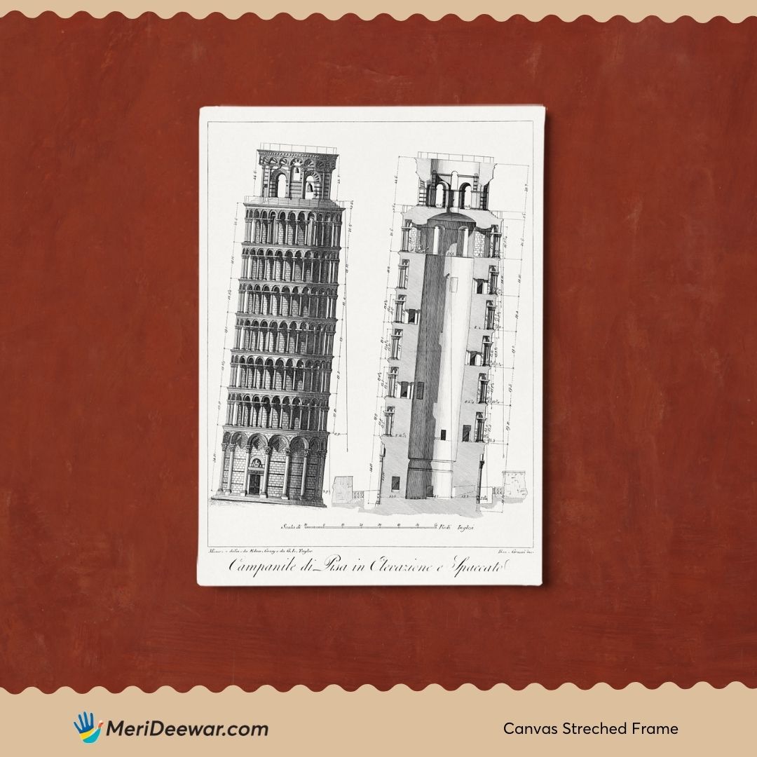 Campanile di Pisa Historical Palace Painting 3 : 4 Vertical New Premium Wall Art Canvas by MeriDeewar
