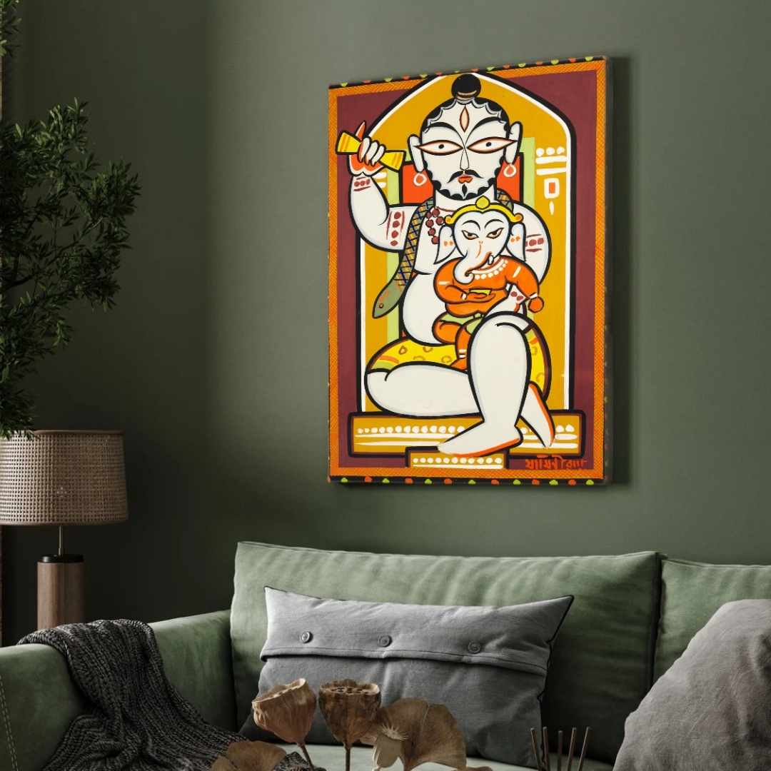 "Shiva and Ganesha" Jamini Roy Painting | Fine Art Wall Art 2 : 3 Vertical Premium Wall Art Canvas by MeriDeewar