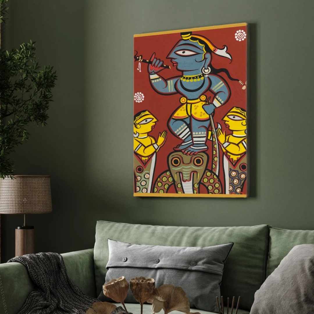 "Krishna Subduing Kaliya" Jamini Roy Painting | Fine Art Wall Art 2 : 3 Vertical Premium Wall Art Canvas by MeriDeewar