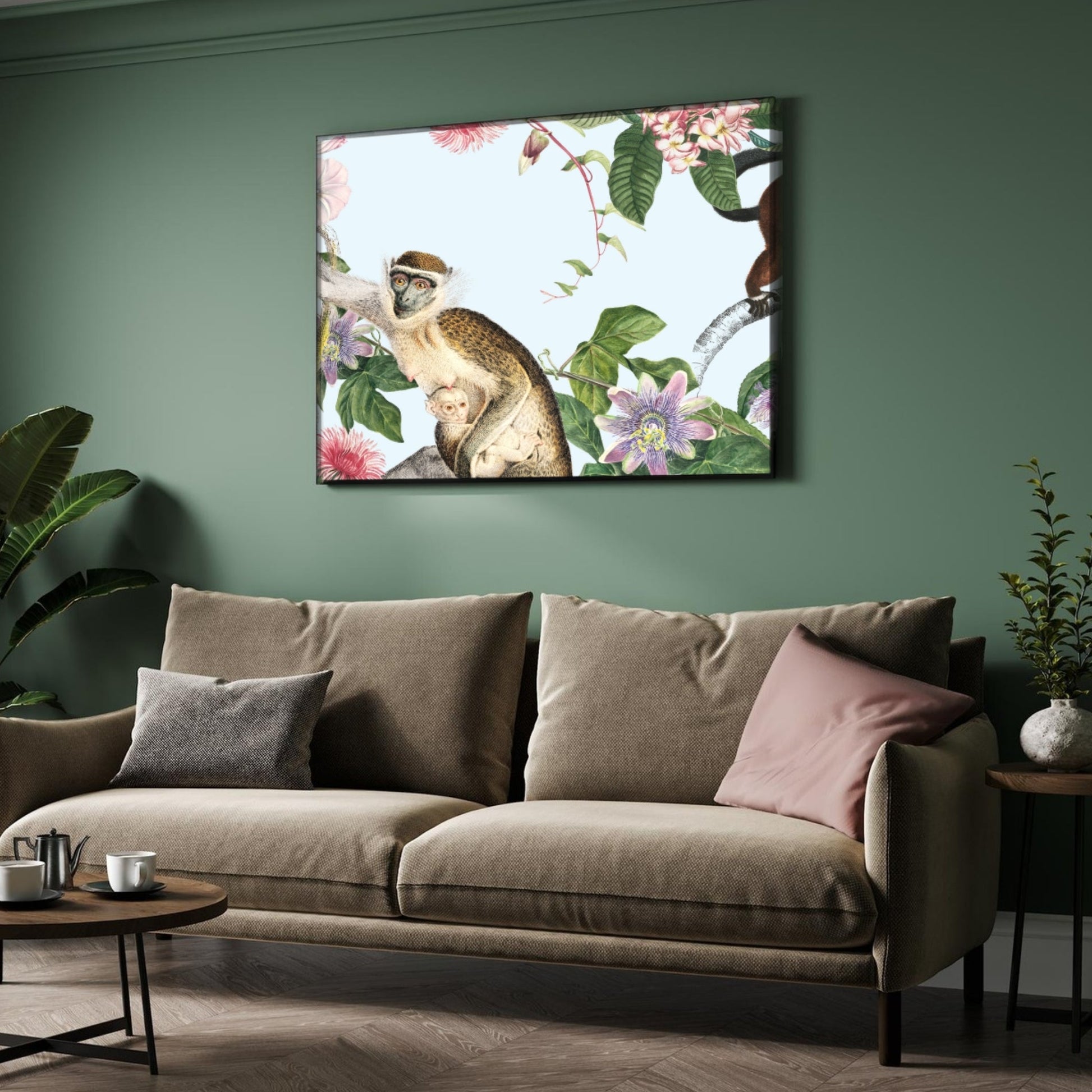 Capuchin Among Succulents — Tropical Botanical Canvas 2 : 3 Horizontal Premium Wall Art Canvas by MeriDeewar