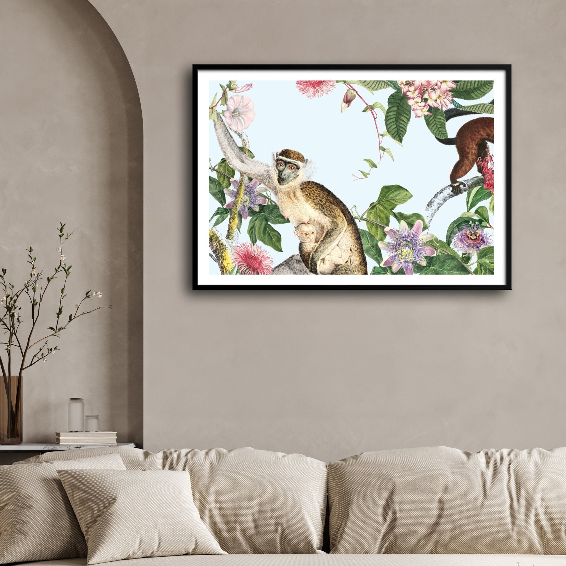 Capuchin Among Succulents — Tropical Botanical Canvas 2 : 3 Horizontal Premium Wall Art Canvas by MeriDeewar