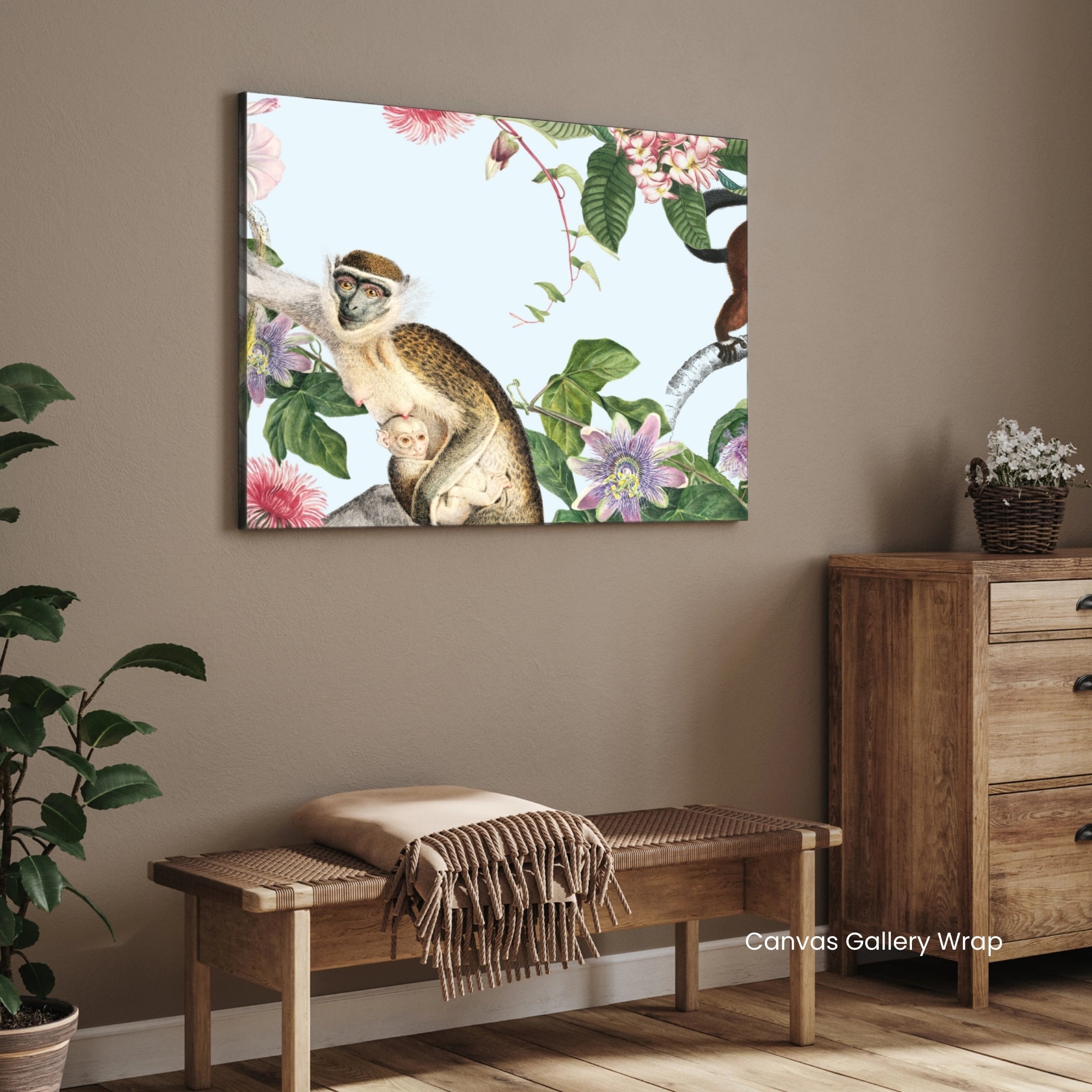 Capuchin Among Succulents — Tropical Botanical Canvas 2 : 3 Horizontal Premium Wall Art Canvas by MeriDeewar