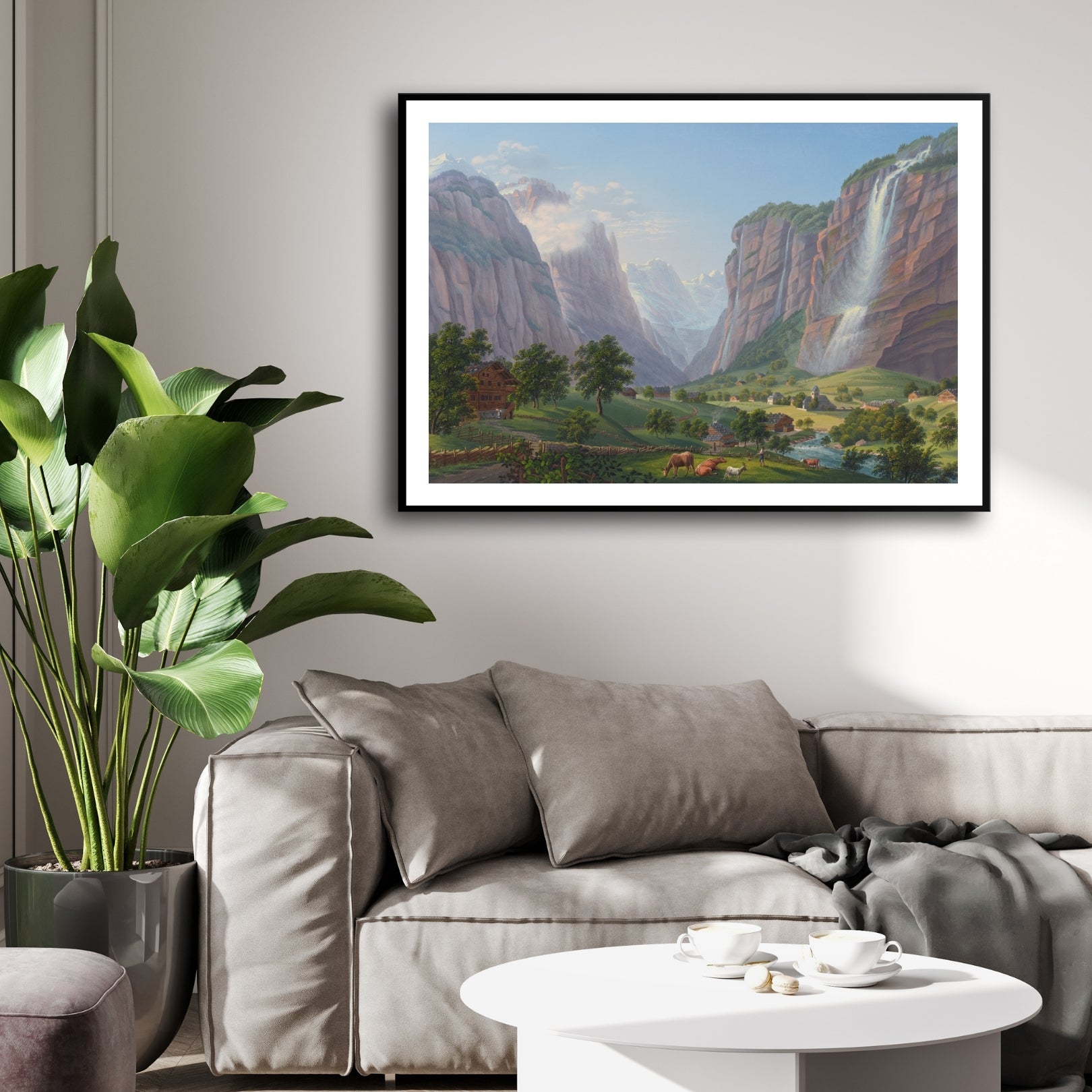 Cascading Tranquility – Alpine Waterfall & Valley Farm Wall Art 2 : 3 Horizontal Premium Wall Art Canvas by MeriDeewar