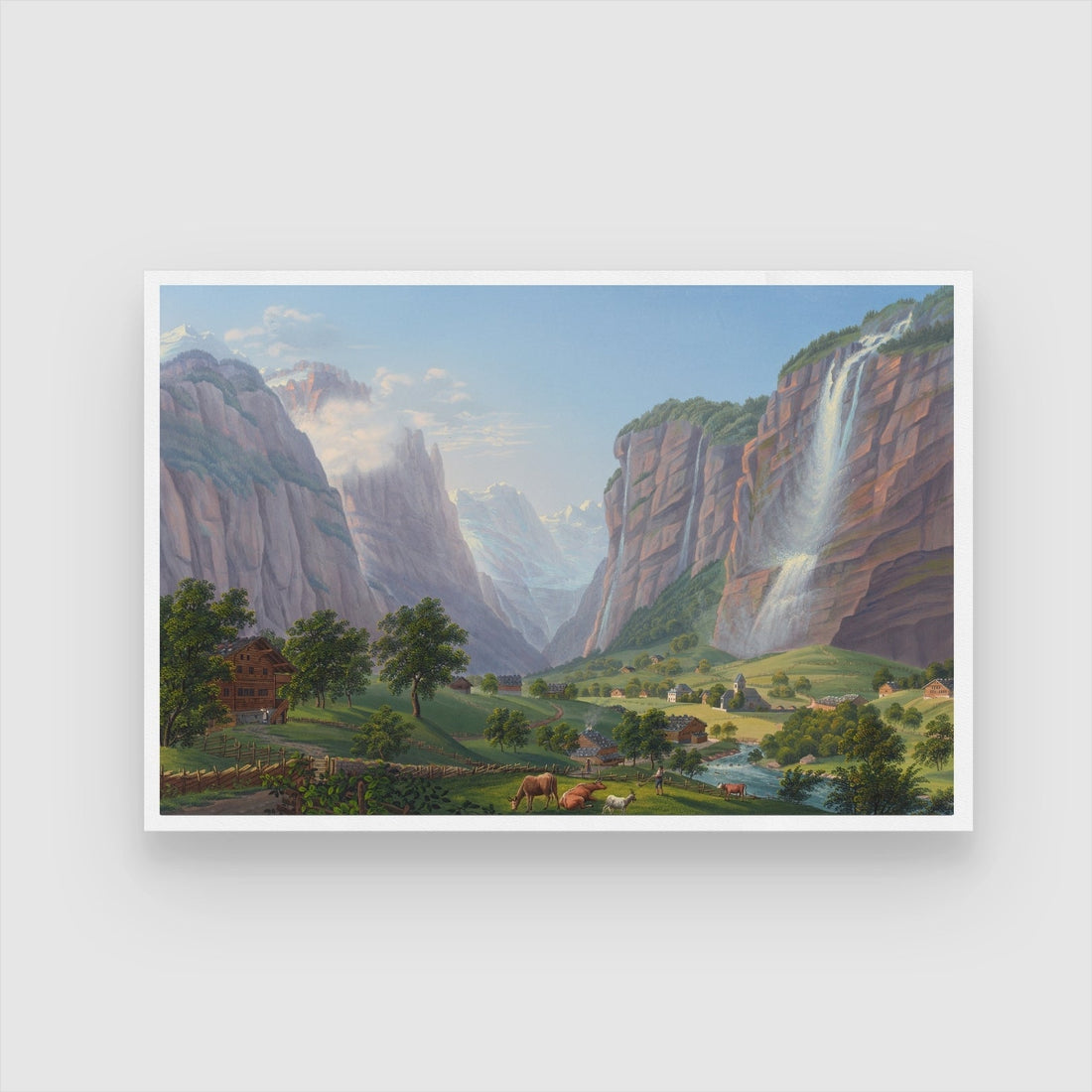 Cascading Tranquility – Alpine Waterfall & Valley Farm Wall Art 2 : 3 Horizontal Premium Wall Art Canvas by MeriDeewar