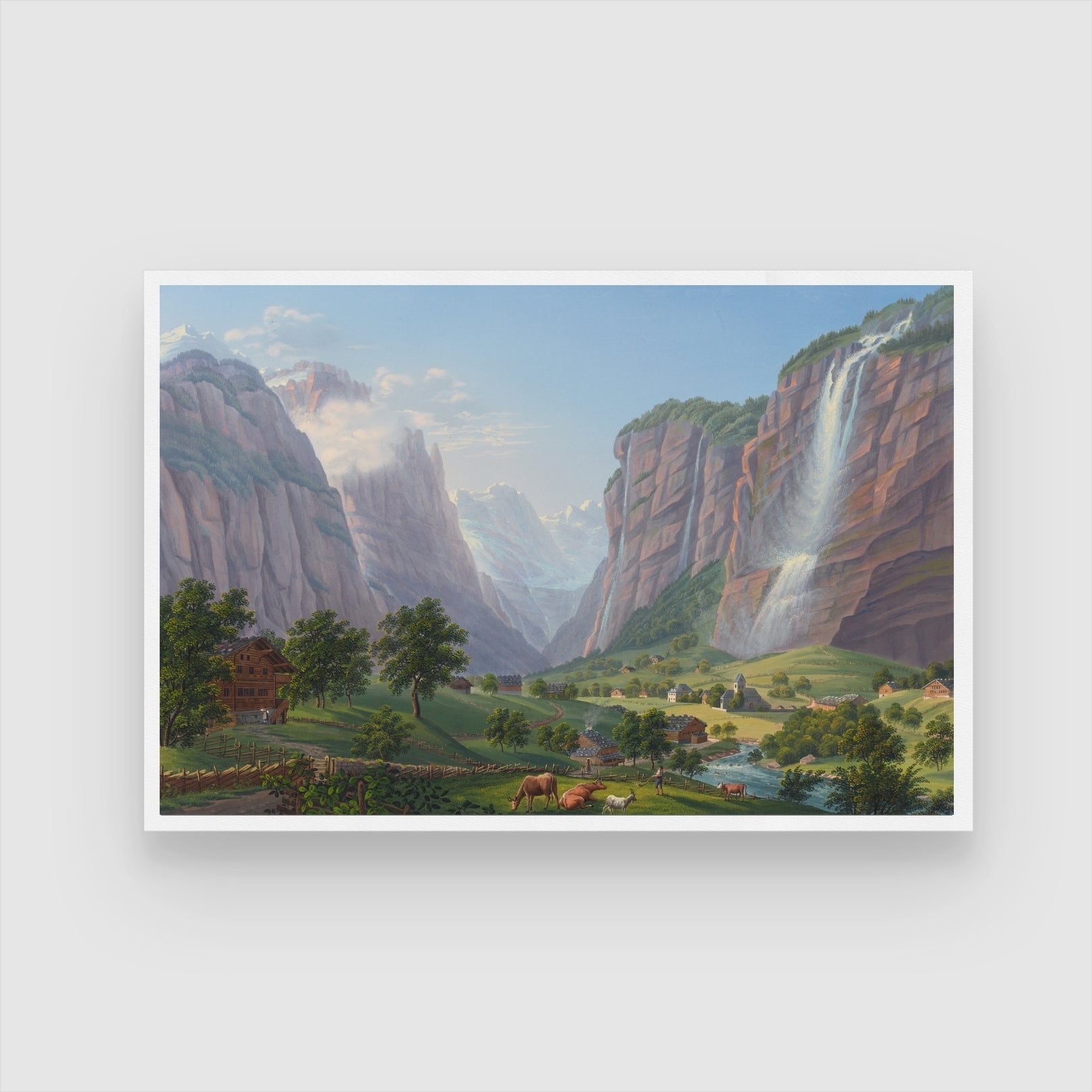 Cascading Tranquility – Alpine Waterfall & Valley Farm Wall Art 2 : 3 Horizontal Premium Wall Art Canvas by MeriDeewar