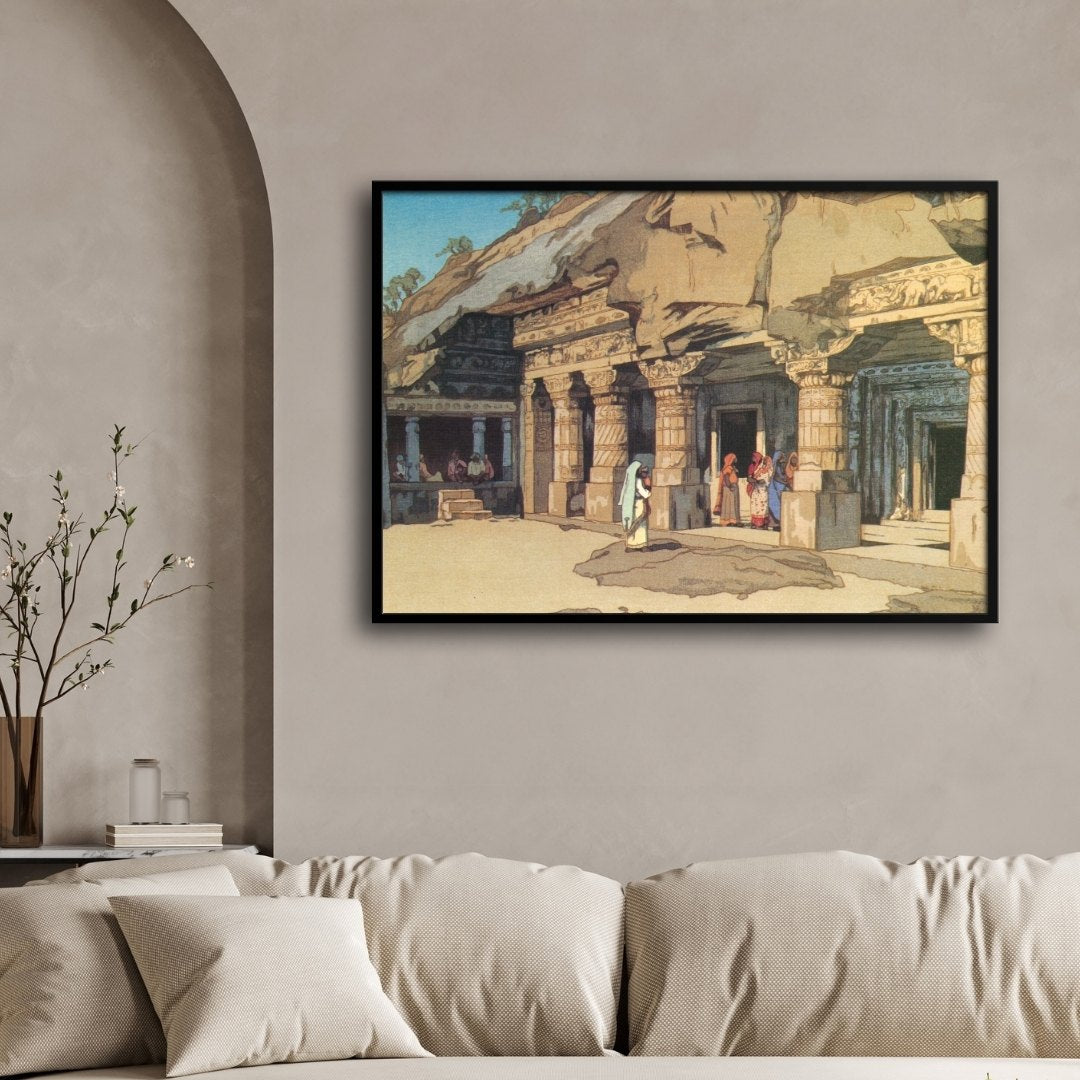 Cave Temples at Ajanta – Yoshida Hiroshi Japanese Woodblock Print) 2 : 3 Horizontal Premium Wall Art Canvas by MeriDeewar
