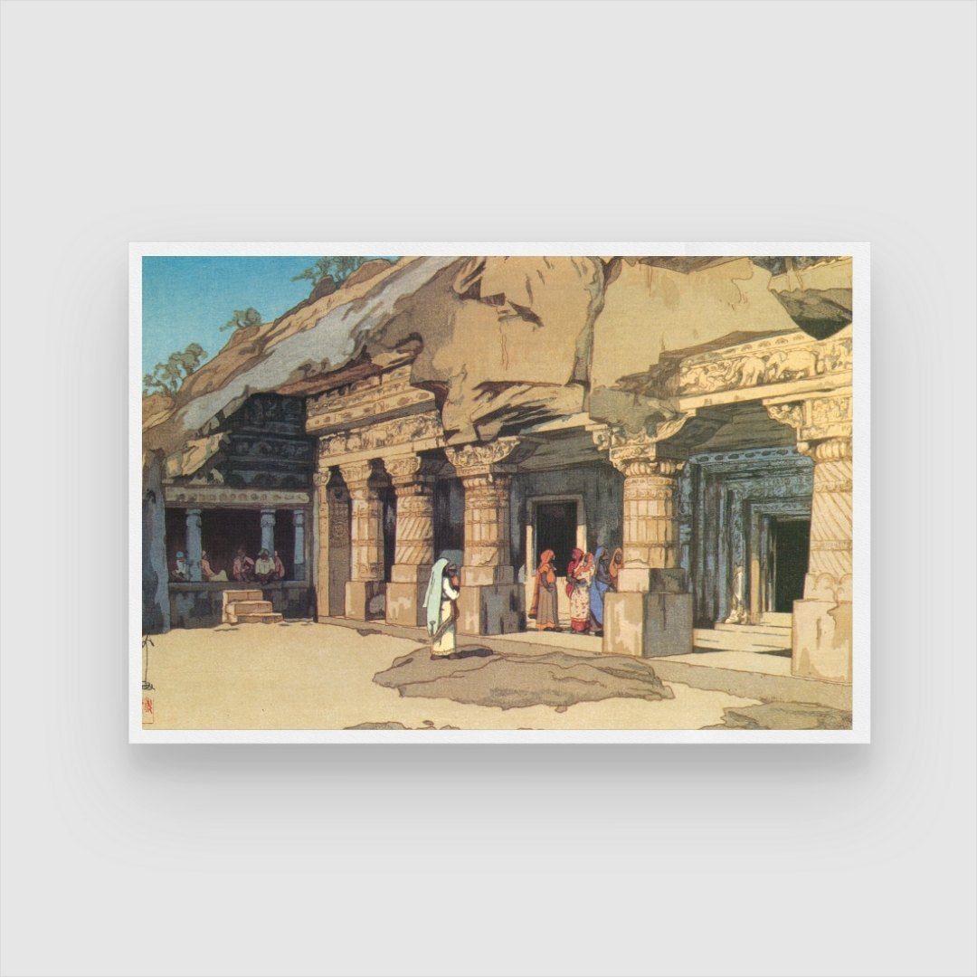 Cave Temples at Ajanta – Yoshida Hiroshi Japanese Woodblock Print) 2 : 3 Horizontal Premium Wall Art Canvas by MeriDeewar
