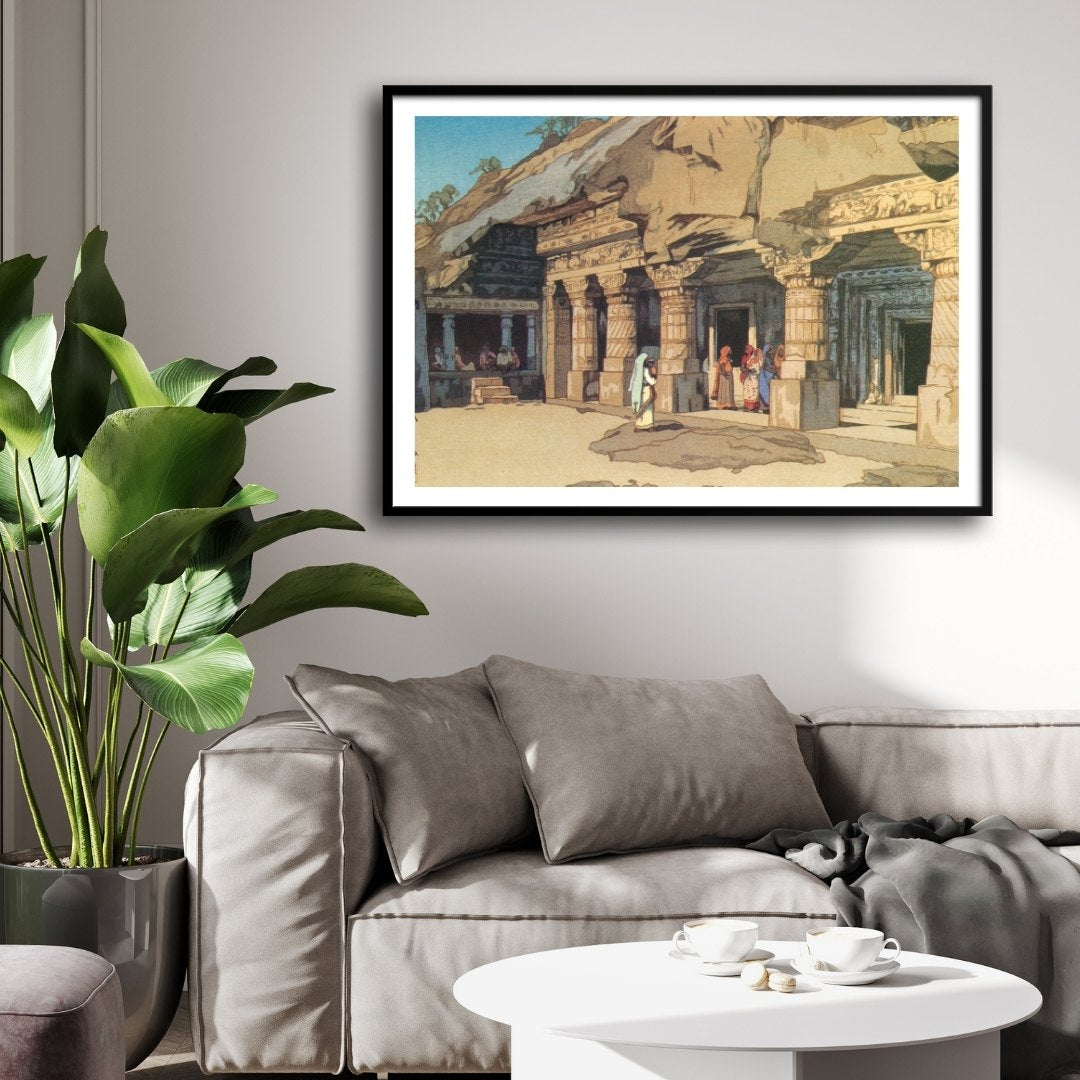 Cave Temples at Ajanta – Yoshida Hiroshi Japanese Woodblock Print) 2 : 3 Horizontal Premium Wall Art Canvas by MeriDeewar