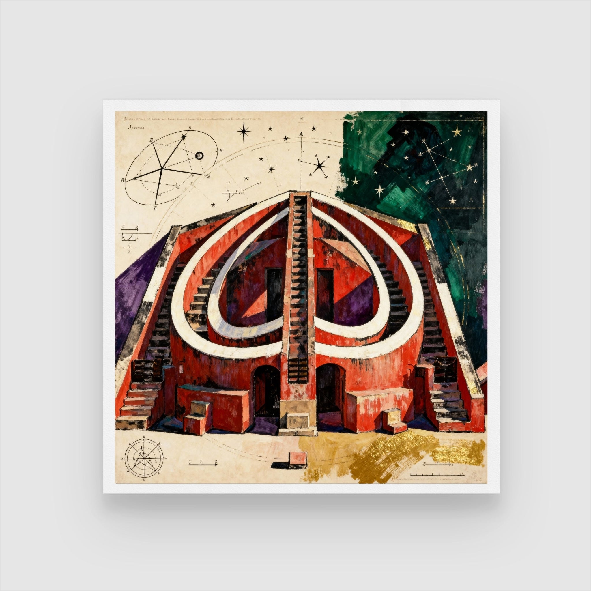Celestial Geometry – Jantar Mantar Inspired Indian Architecture Wall Art 1 : 1 Square Premium Wall Art Canvas by MeriDeewar