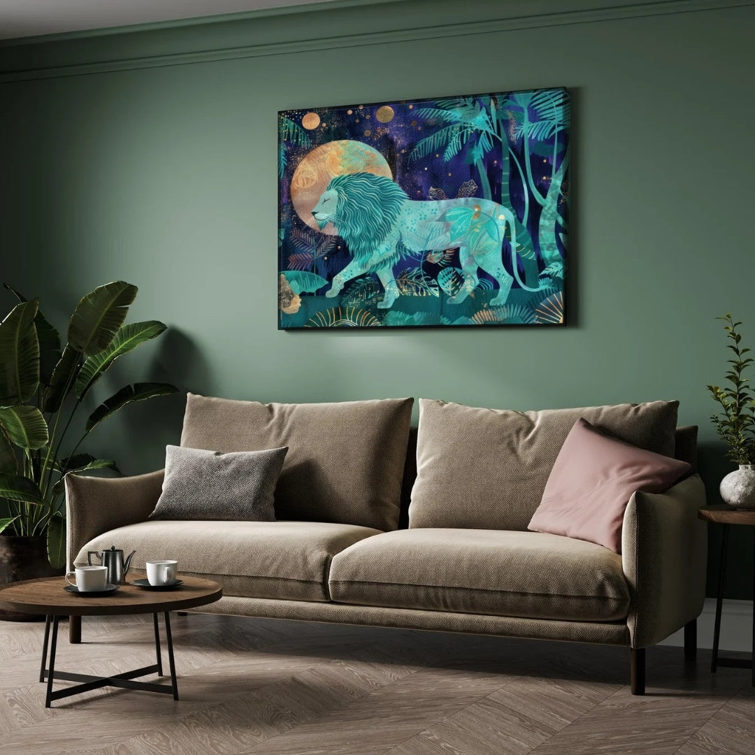 Celestial King — Lion Canvas Wall Art with Golden Moon 2 : 3 Horizontal Premium Wall Art Canvas by MeriDeewar