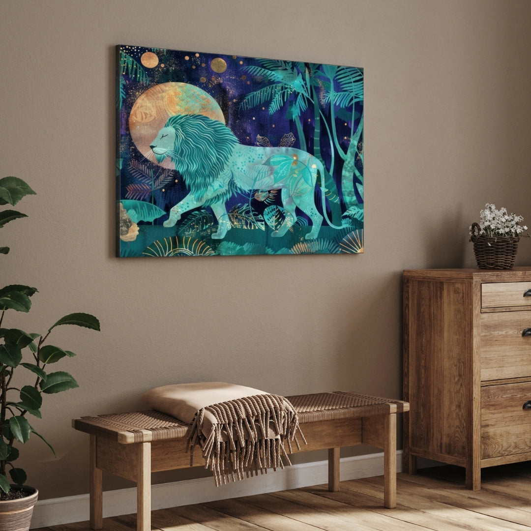 Celestial King — Lion Canvas Wall Art with Golden Moon 2 : 3 Horizontal Premium Wall Art Canvas by MeriDeewar