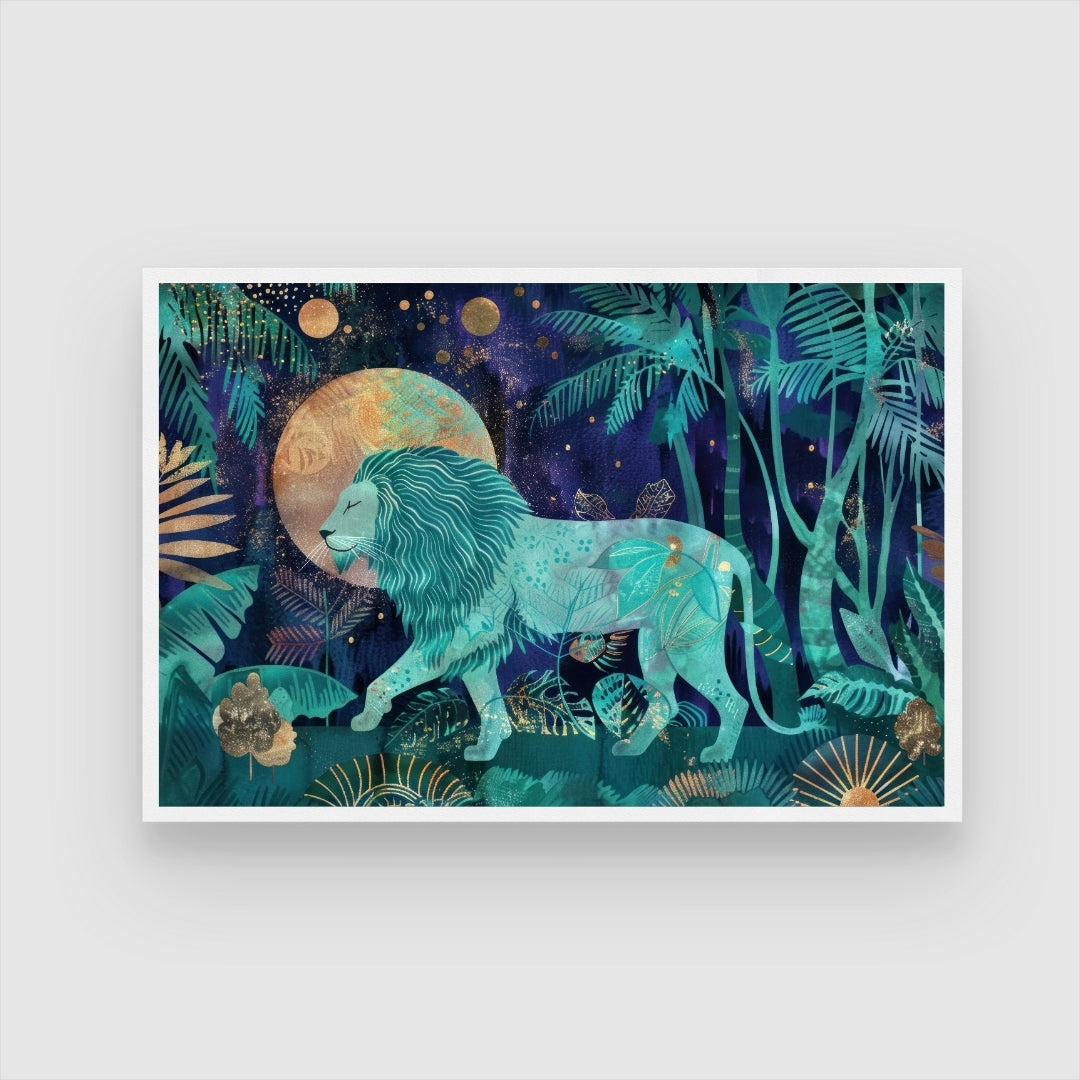 Celestial King — Lion Canvas Wall Art with Golden Moon 2 : 3 Horizontal Premium Wall Art Canvas by MeriDeewar