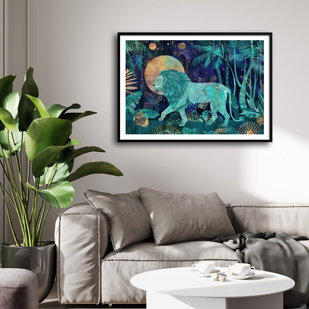 Celestial King — Lion Canvas Wall Art with Golden Moon 2 : 3 Horizontal Premium Wall Art Canvas by MeriDeewar