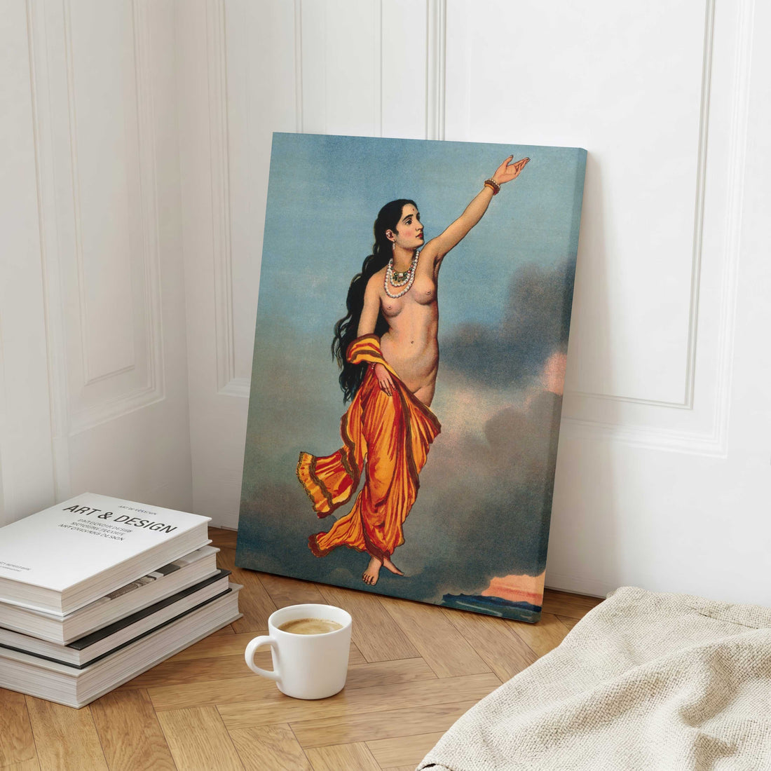 A Half-Naked Nymph Flying Towards the Heavens – Raja Ravi Varma Painting | MeriDeewar 2 : 3 Vertical Premium Wall Art Canvas by MeriDeewar