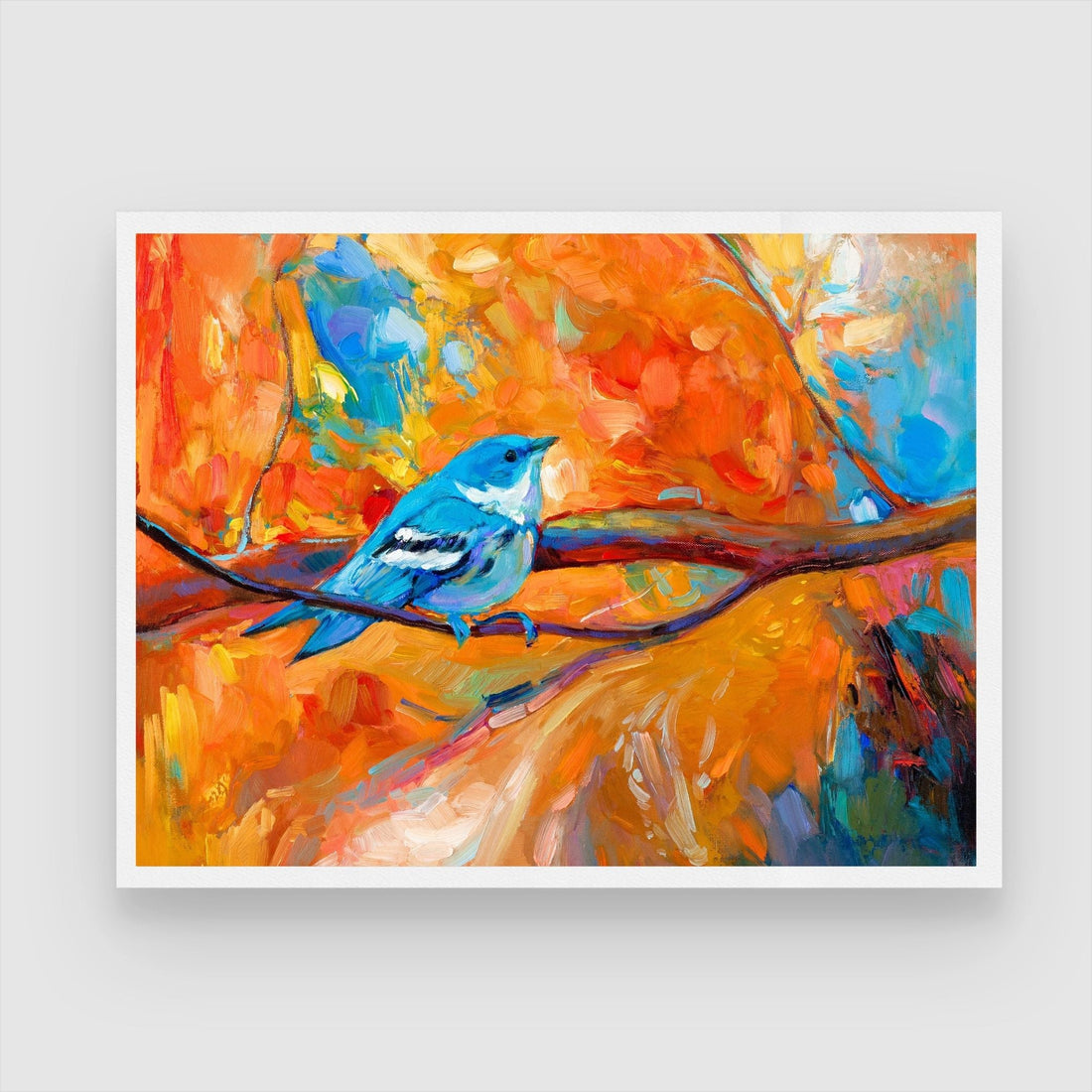 Cerulean Harmony – Abstract Blue Warbler on Autumn Branch 3 : 4 Horizontal New Premium Wall Art Canvas by MeriDeewar