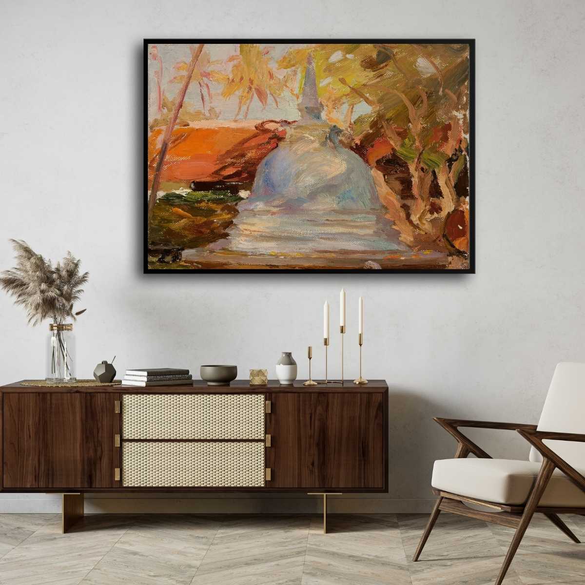 Ceylon Buddhist Temple Oil Painting | Horizontal Framed Print 4 : 3 Horizontal Premium Wall Art Canvas by MeriDeewar