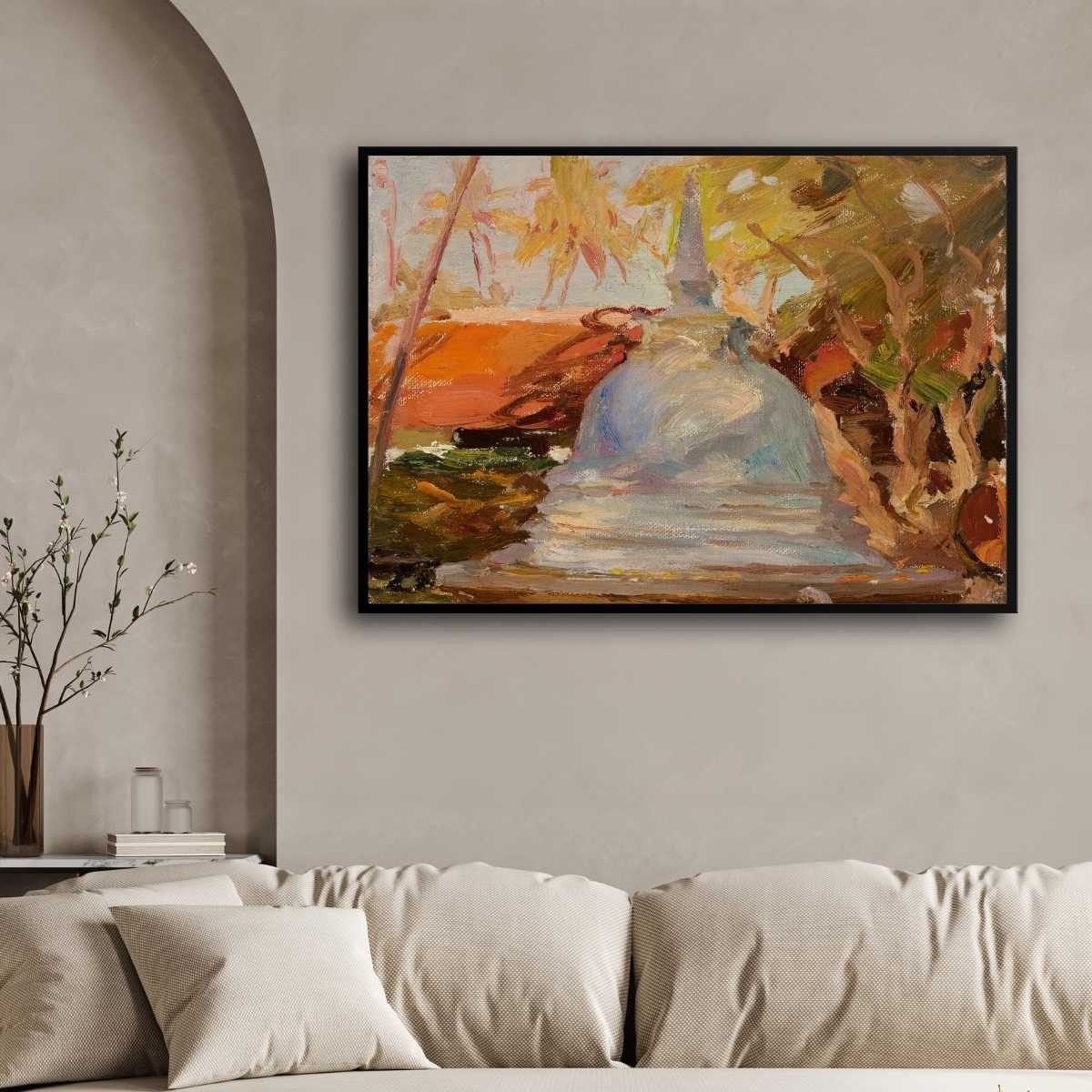 Ceylon Buddhist Temple Oil Painting | Horizontal Framed Print 4 : 3 Horizontal Premium Wall Art Canvas by MeriDeewar