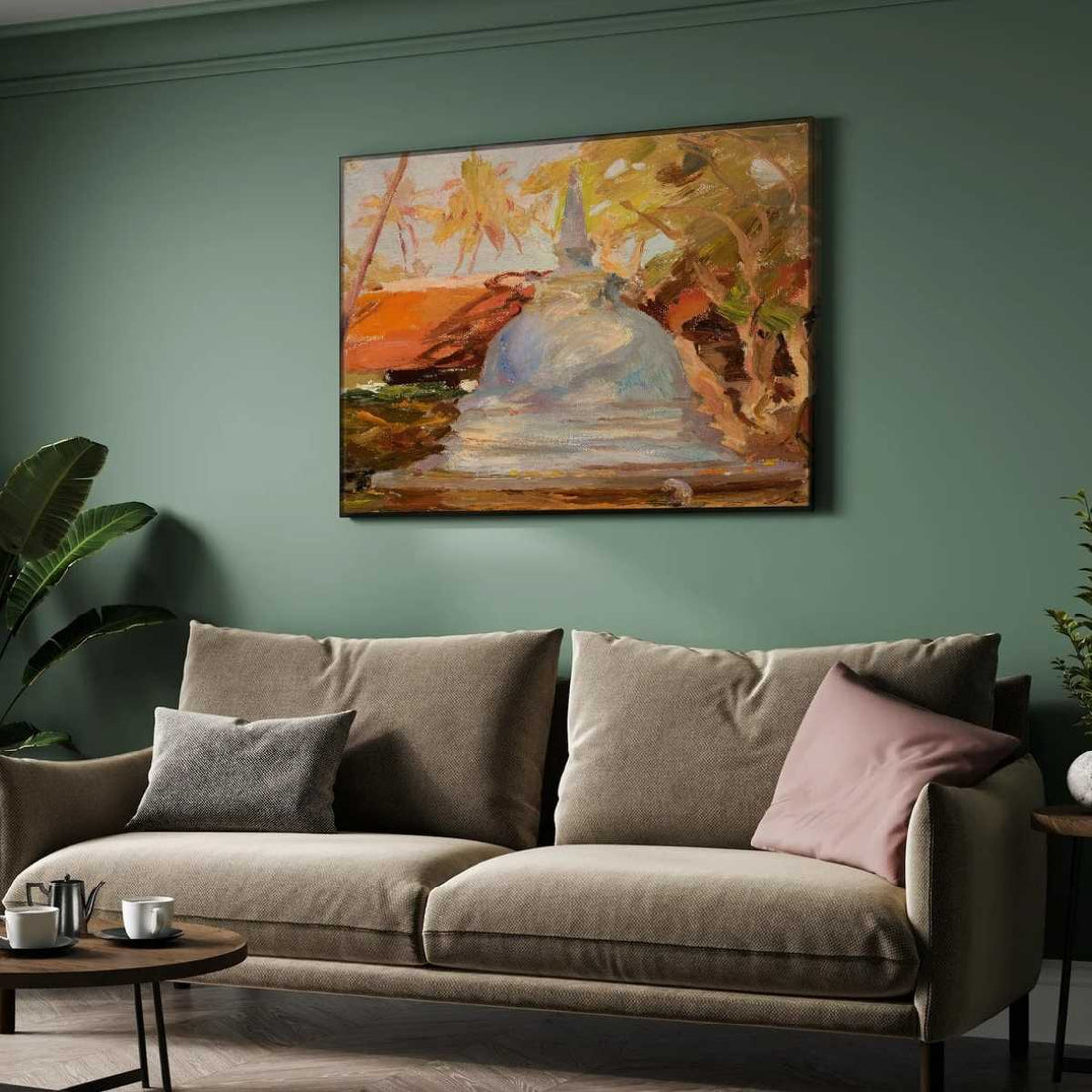 Ceylon Buddhist Temple Oil Painting | Horizontal Framed Print 4 : 3 Horizontal Premium Wall Art Canvas by MeriDeewar