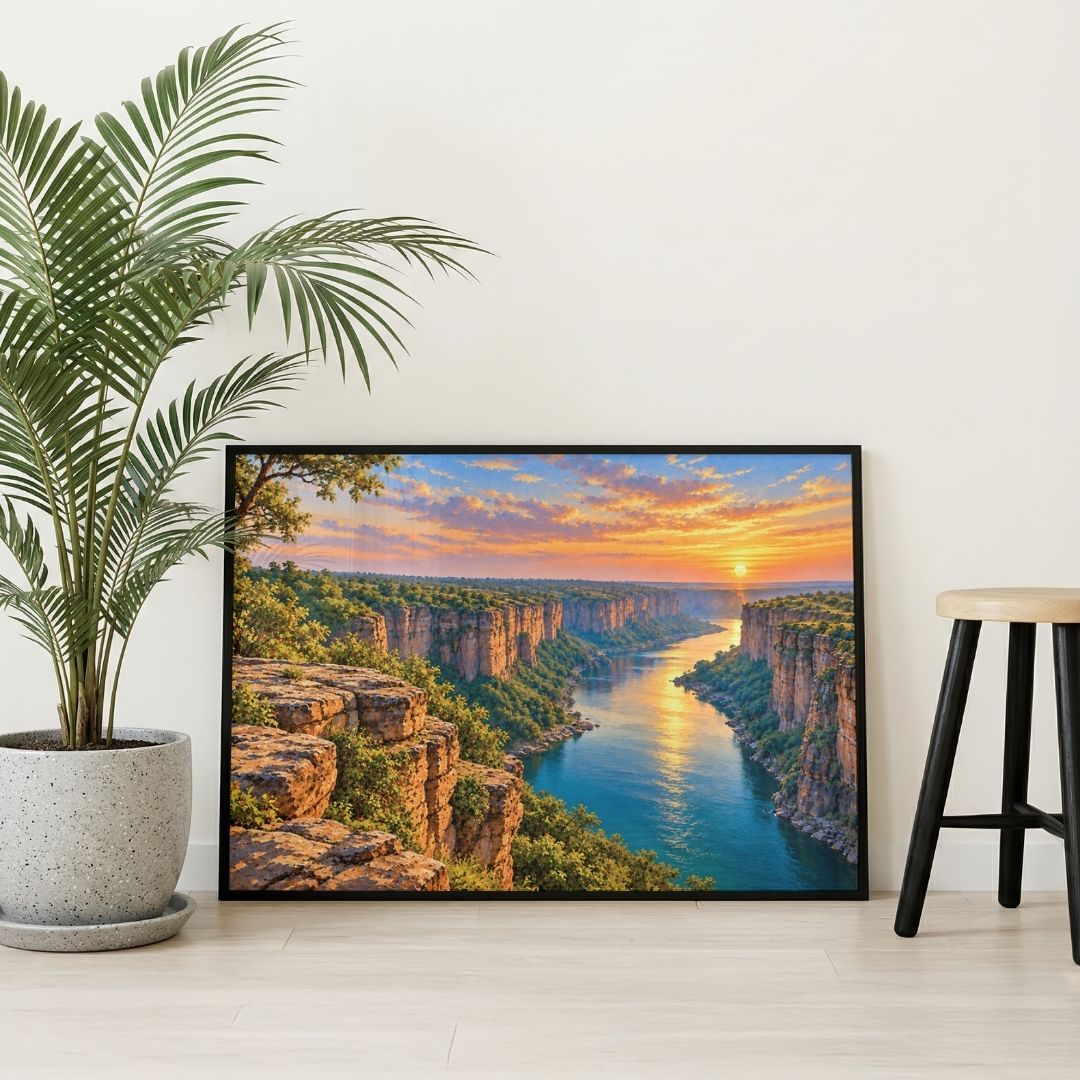 Chambal Canyon | Sunset  Indian River Landscape Gallery Wrap Canvas Curate Black Premium Wall Art Canvas by MeriDeewar
