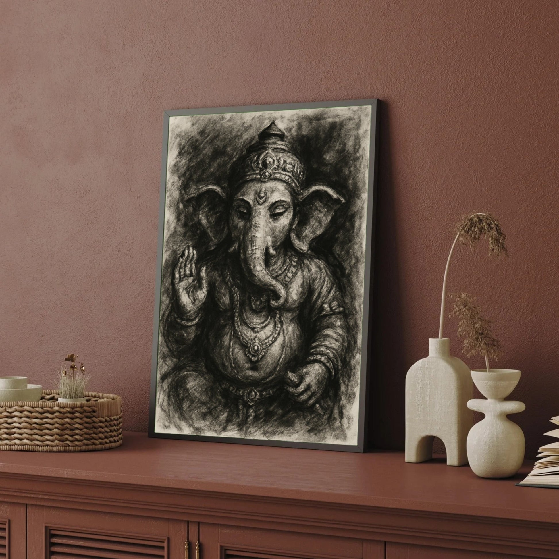 Charcoal Ganesha Wall Art – Monochrome Spiritual Sketch 3 : 4.2 Vertical Premium Wall Art Canvas by MeriDeewar