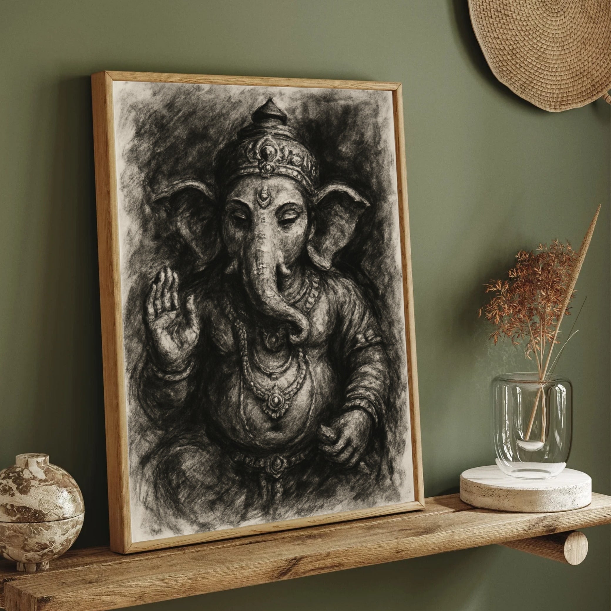 Charcoal Ganesha Wall Art – Monochrome Spiritual Sketch 3 : 4.2 Vertical Premium Wall Art Canvas by MeriDeewar