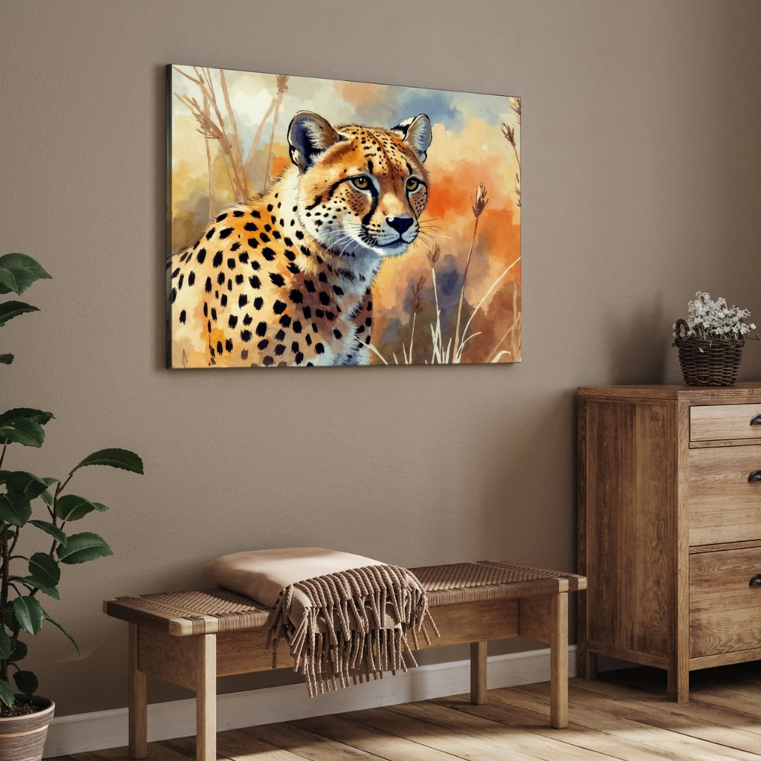 Cheetah in the Wild Canvas Wall Art – Wildlife Nature Painting 2 : 3 Horizontal Premium Wall Art Canvas by MeriDeewar