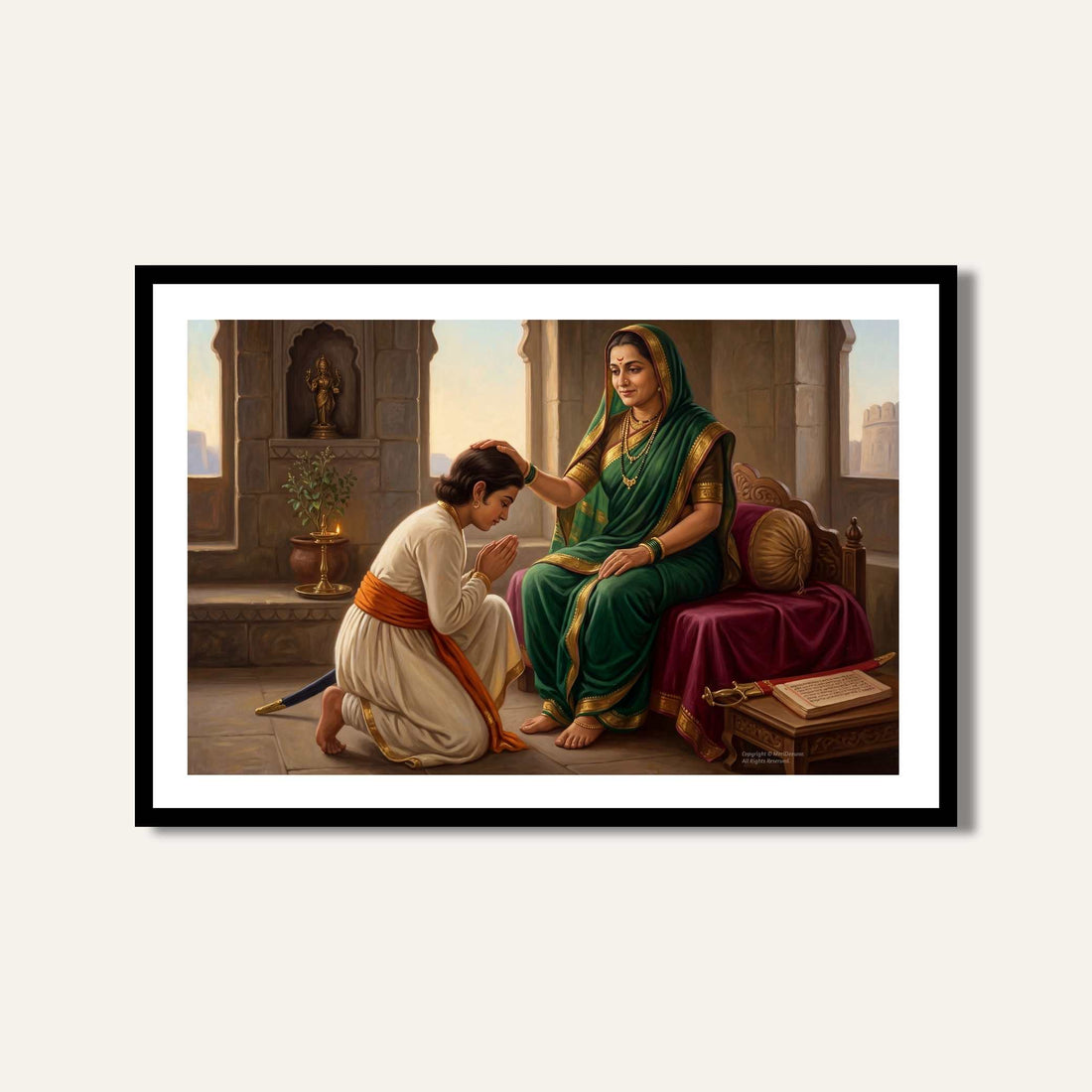 Chhatrapati Shivaji Maharaj and Rajmata Jijau Blessing Painting | Horizontal Black Framed Wall Art 3 : 2 Horizontal Premium Wall Art Canvas by MeriDeewar