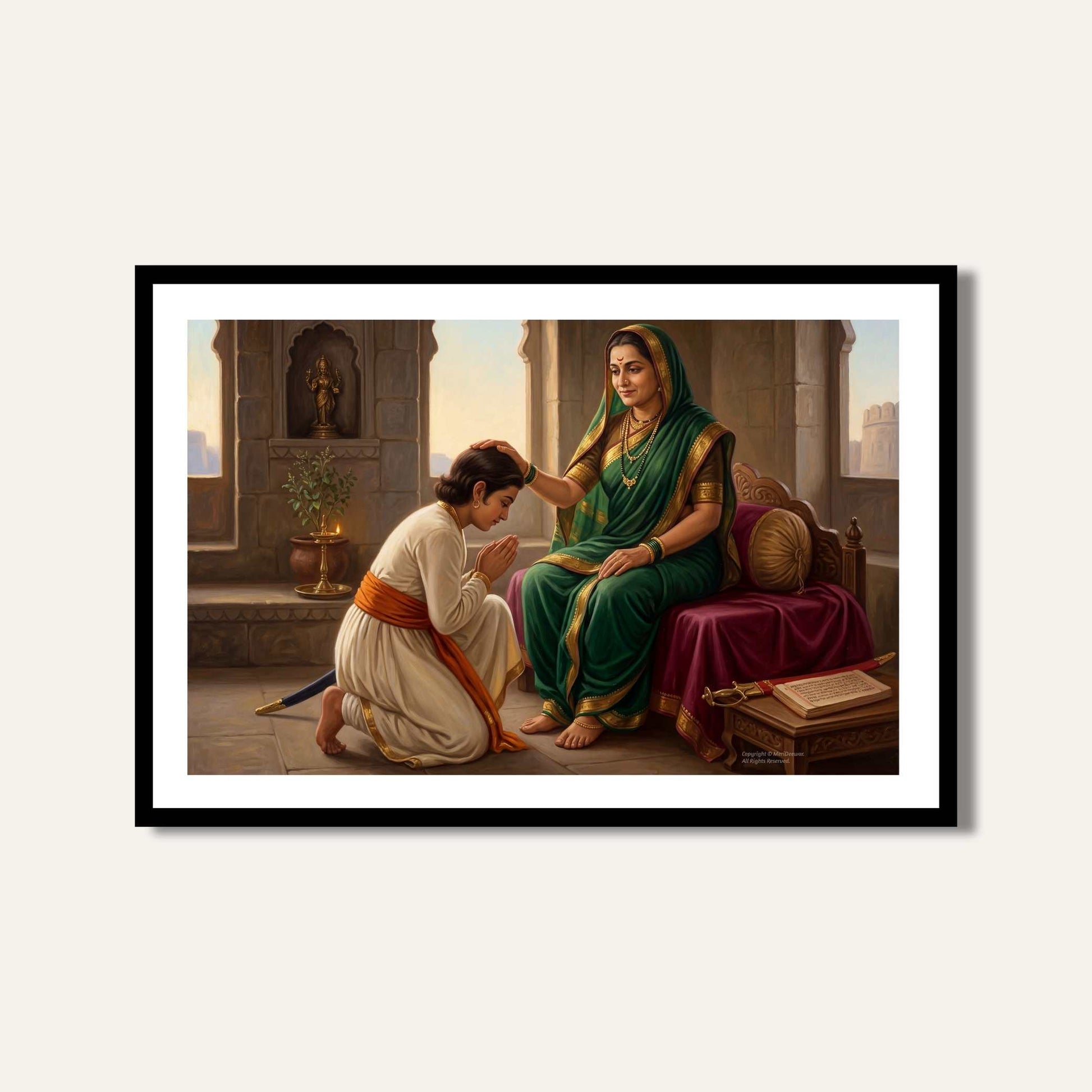 Chhatrapati Shivaji Maharaj and Rajmata Jijau Blessing Painting | Horizontal Black Framed Wall Art 3 : 2 Horizontal Premium Wall Art Canvas by MeriDeewar