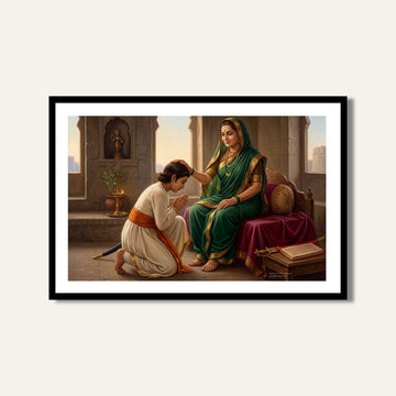 Chhatrapati Shivaji Maharaj and Rajmata Jijau Blessing Painting | Horizontal Black Framed Wall Art 3 : 2 Horizontal Premium Wall Art Canvas by MeriDeewar