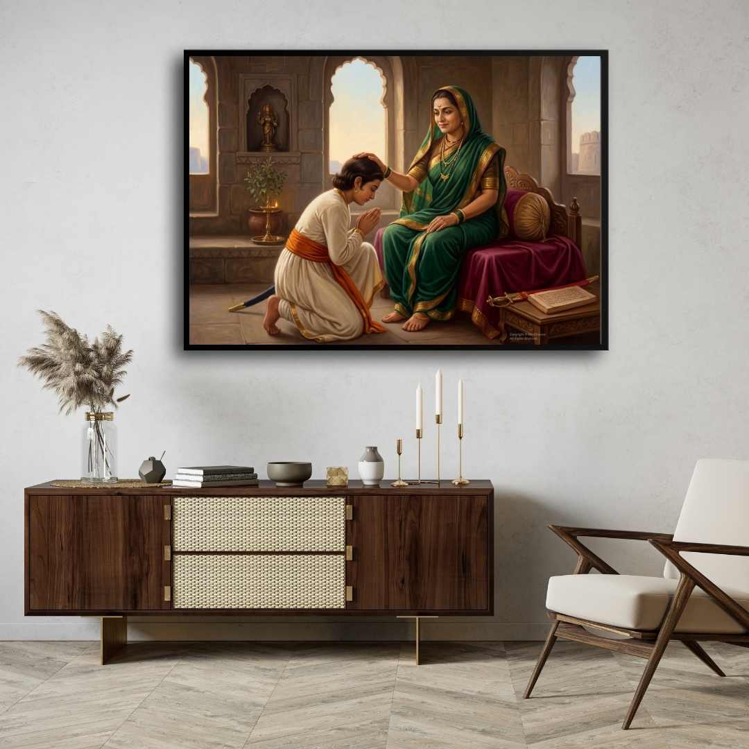 Chhatrapati Shivaji Maharaj and Rajmata Jijau Blessing Painting | Horizontal Black Framed Wall Art 3 : 2 Horizontal Premium Wall Art Canvas by MeriDeewar