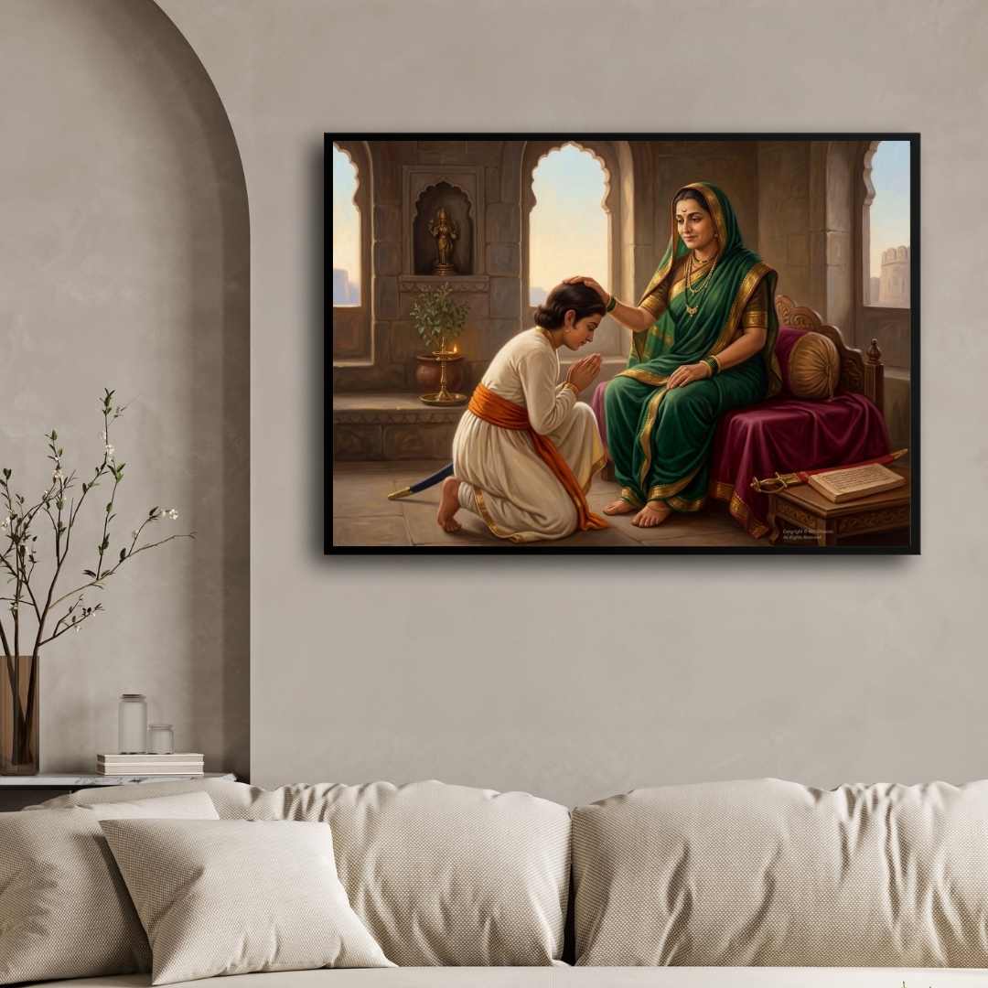 Chhatrapati Shivaji Maharaj and Rajmata Jijau Blessing Painting | Horizontal Black Framed Wall Art 3 : 2 Horizontal Premium Wall Art Canvas by MeriDeewar